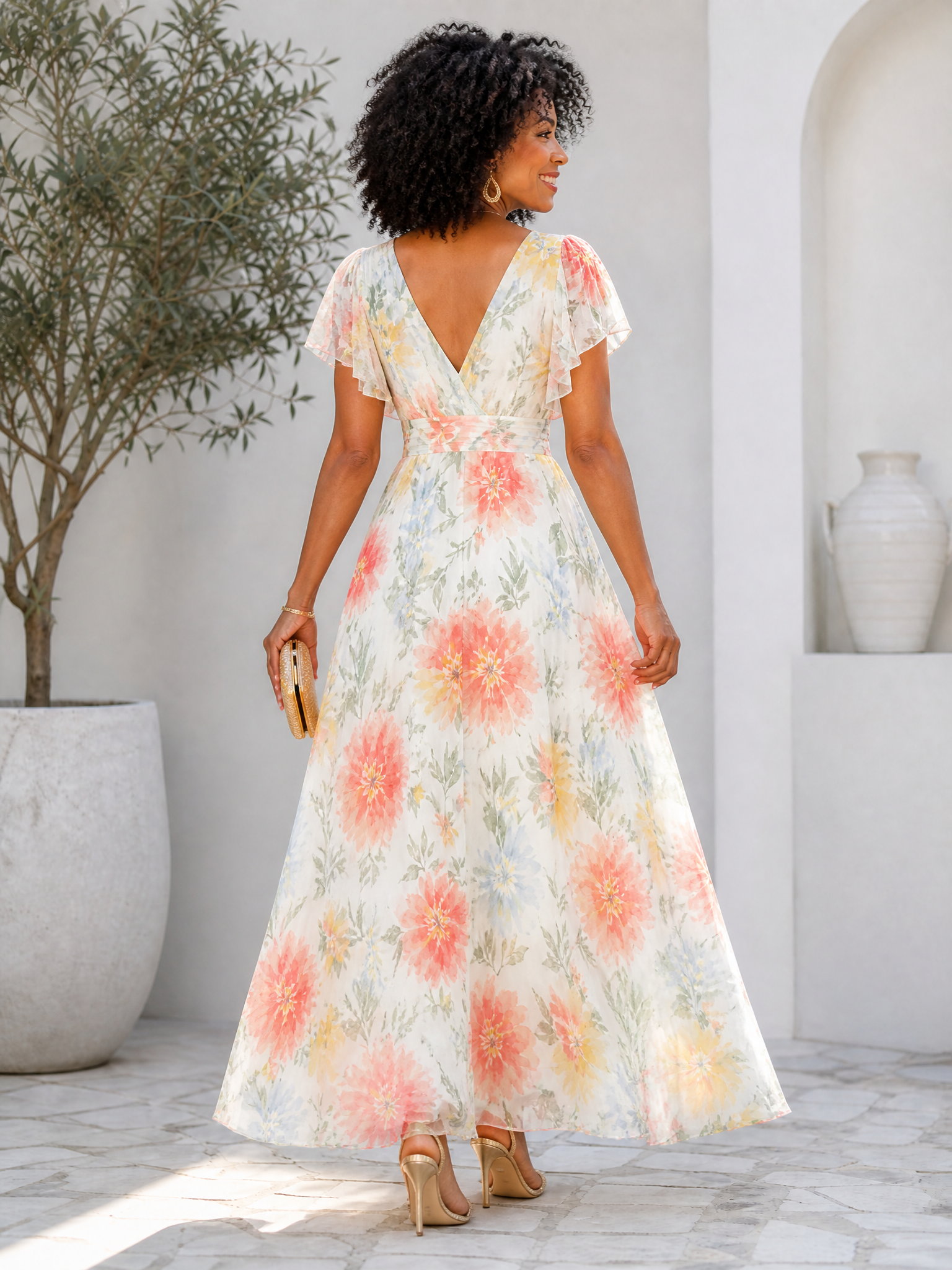 Luminous Ivory Floral Chiffon Flutter-Sleeve A-Line V-Neck Formal Evening Dress 