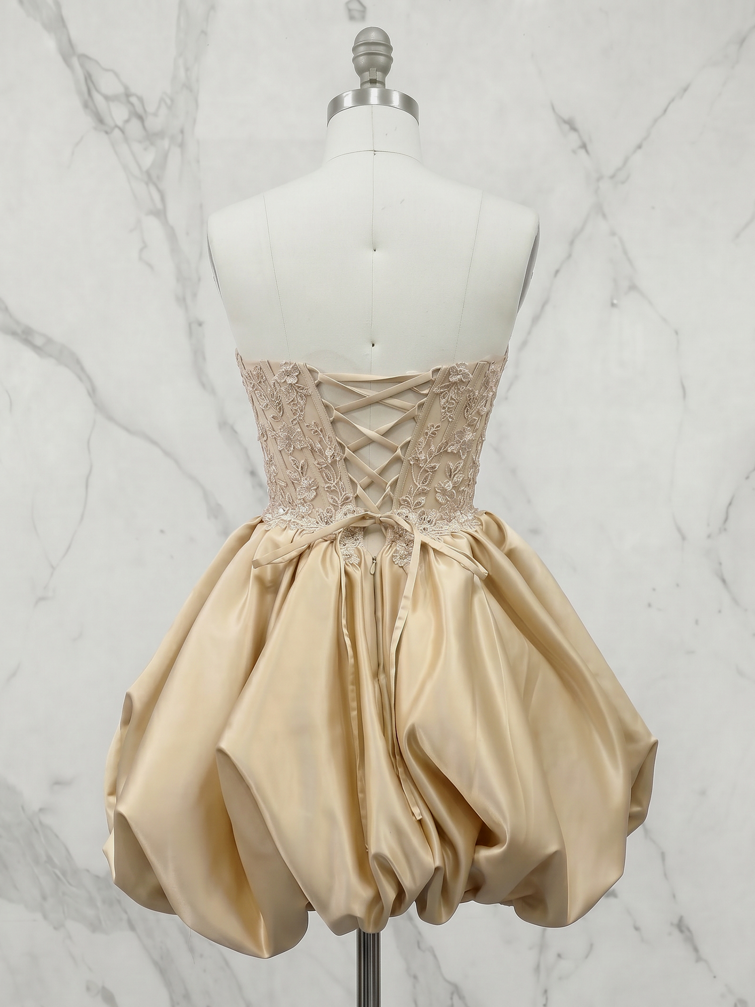 Champagne Radiance Lace Corset Satin Bubble Mini Dress Homecoming Dress