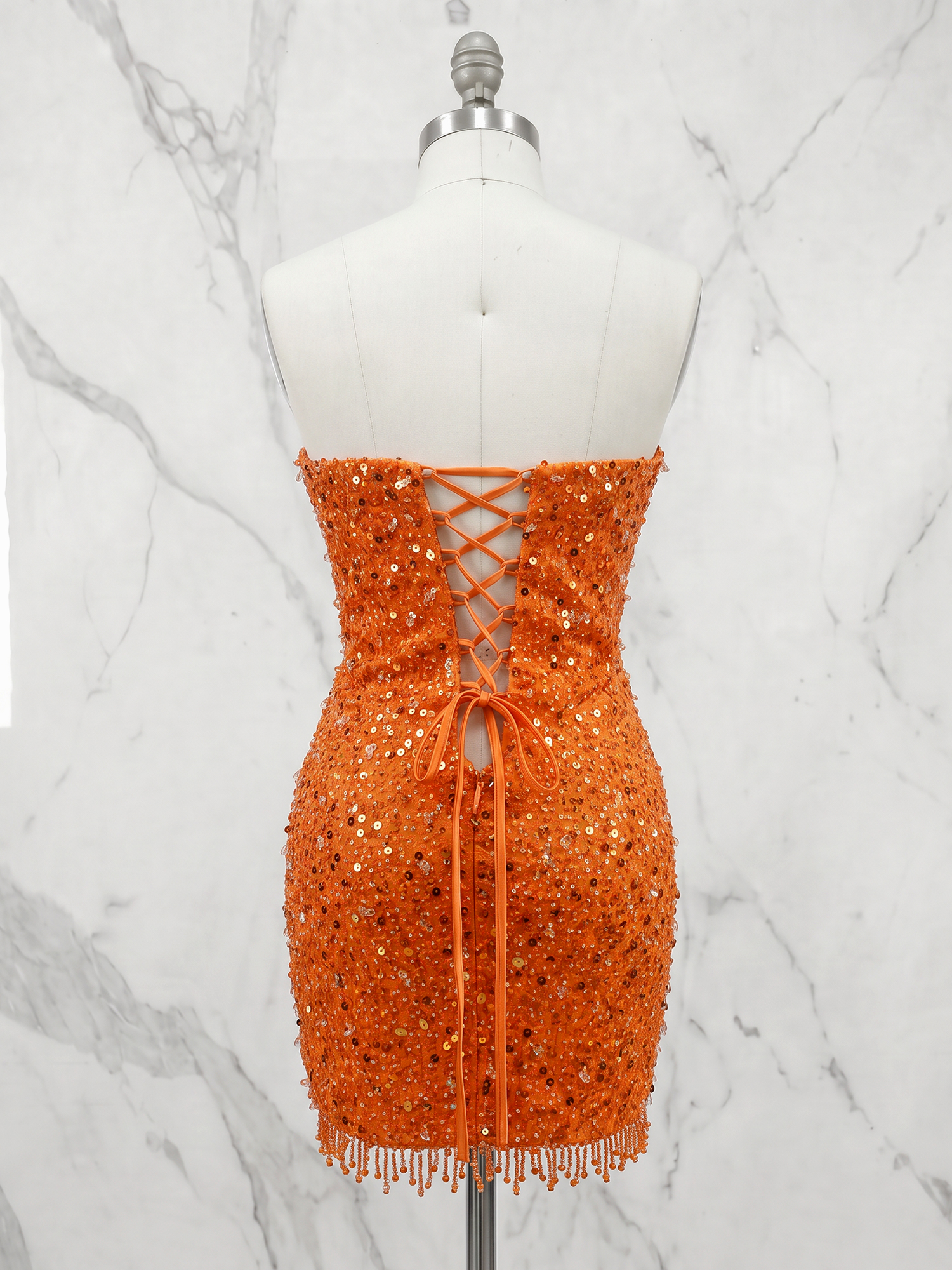 Burnt Orange Beaded Sequin Sweetheart Corset Sheath Homecoming Dress