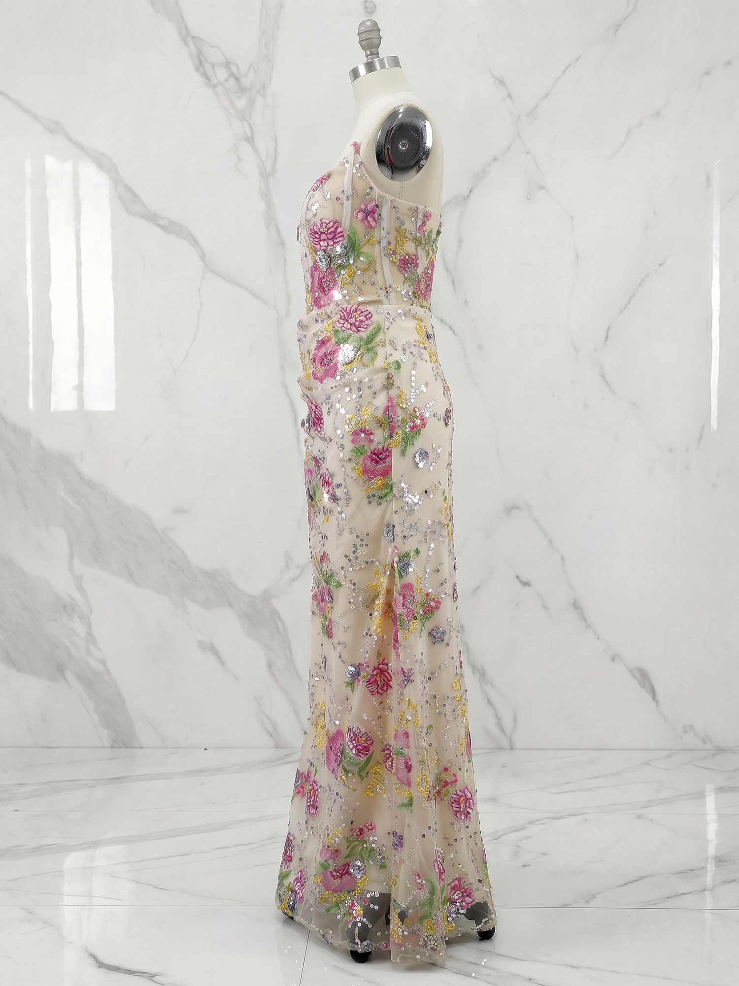 Champagne Floral Embroidered Sequin Corset Slit Maxi Prom Dress