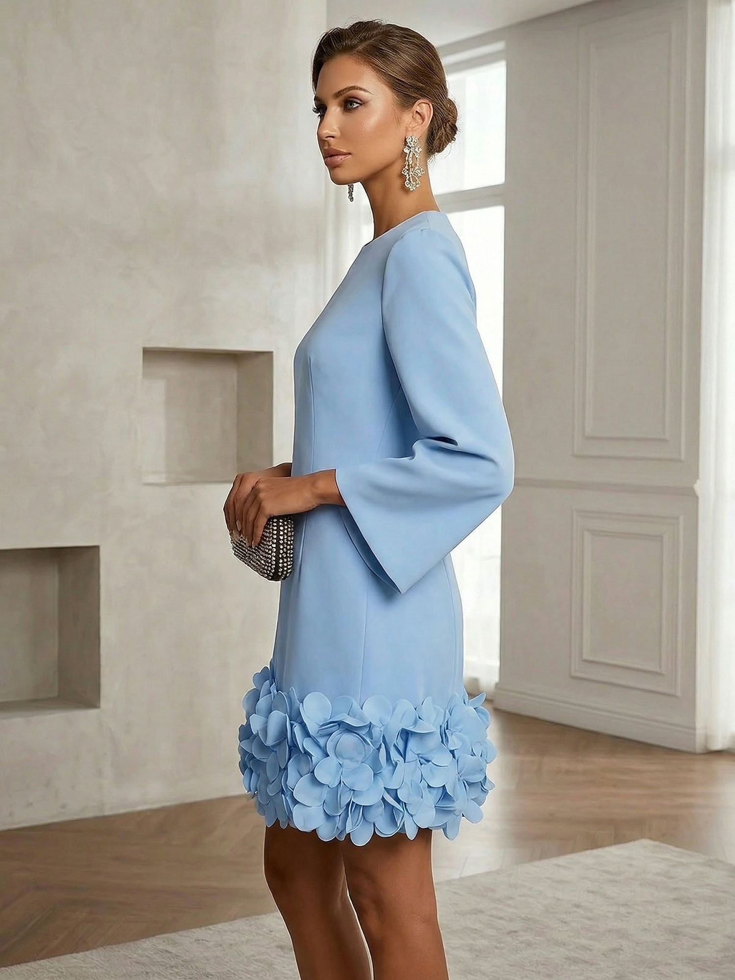 Powder Blue 3D Floral Classic Crew Neck Bell Long Sleeve Shift Mini Dress
