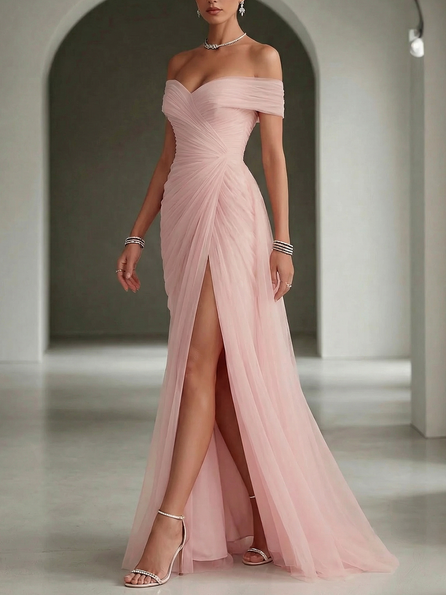 Blush Ruched Slit Tulle Off the Shoulder Sleeveless Sheath Gown Dress