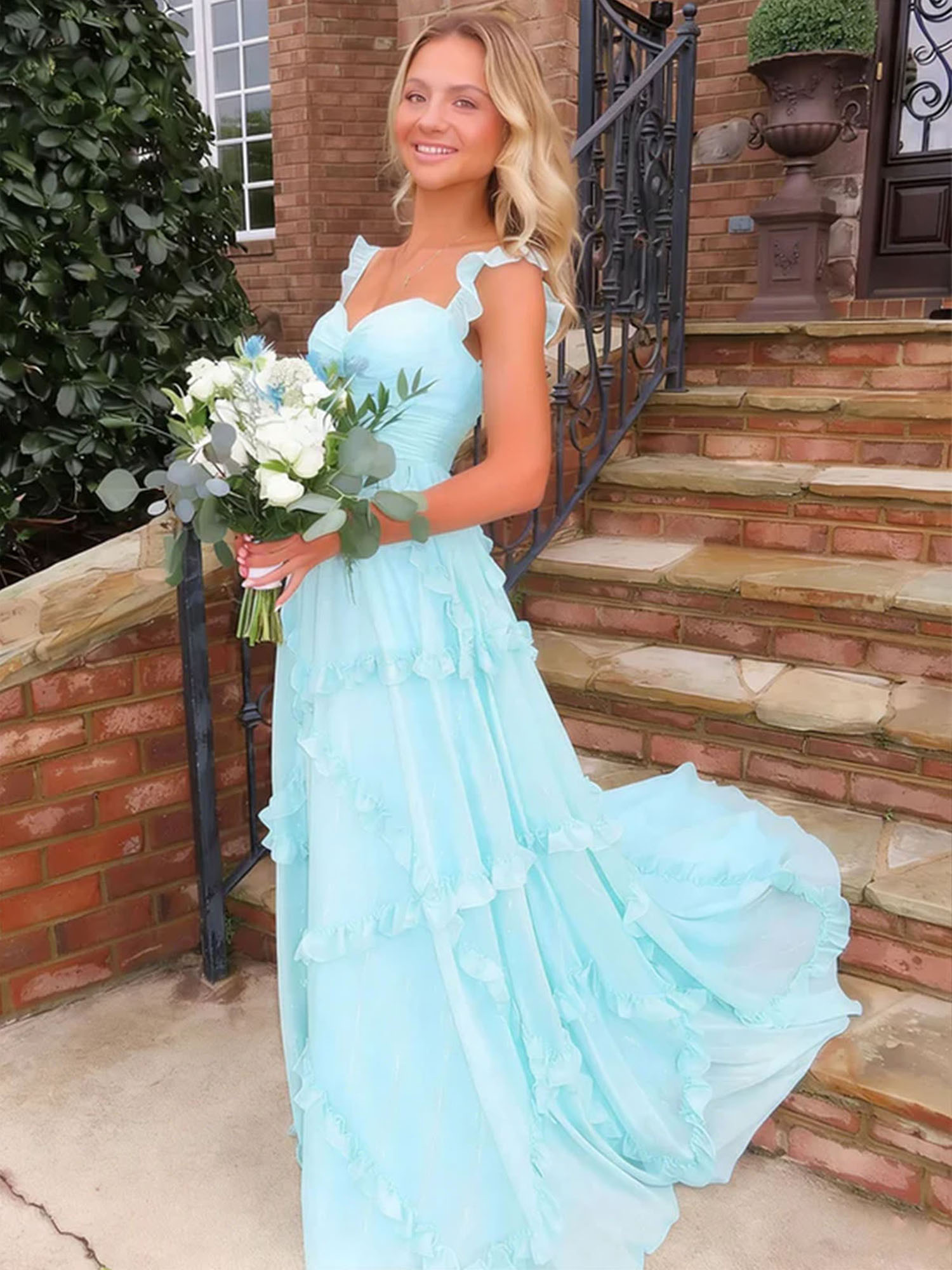 Ethereal Sky Blue Tiered Ruffle Chiffon Maxi Dress Gown