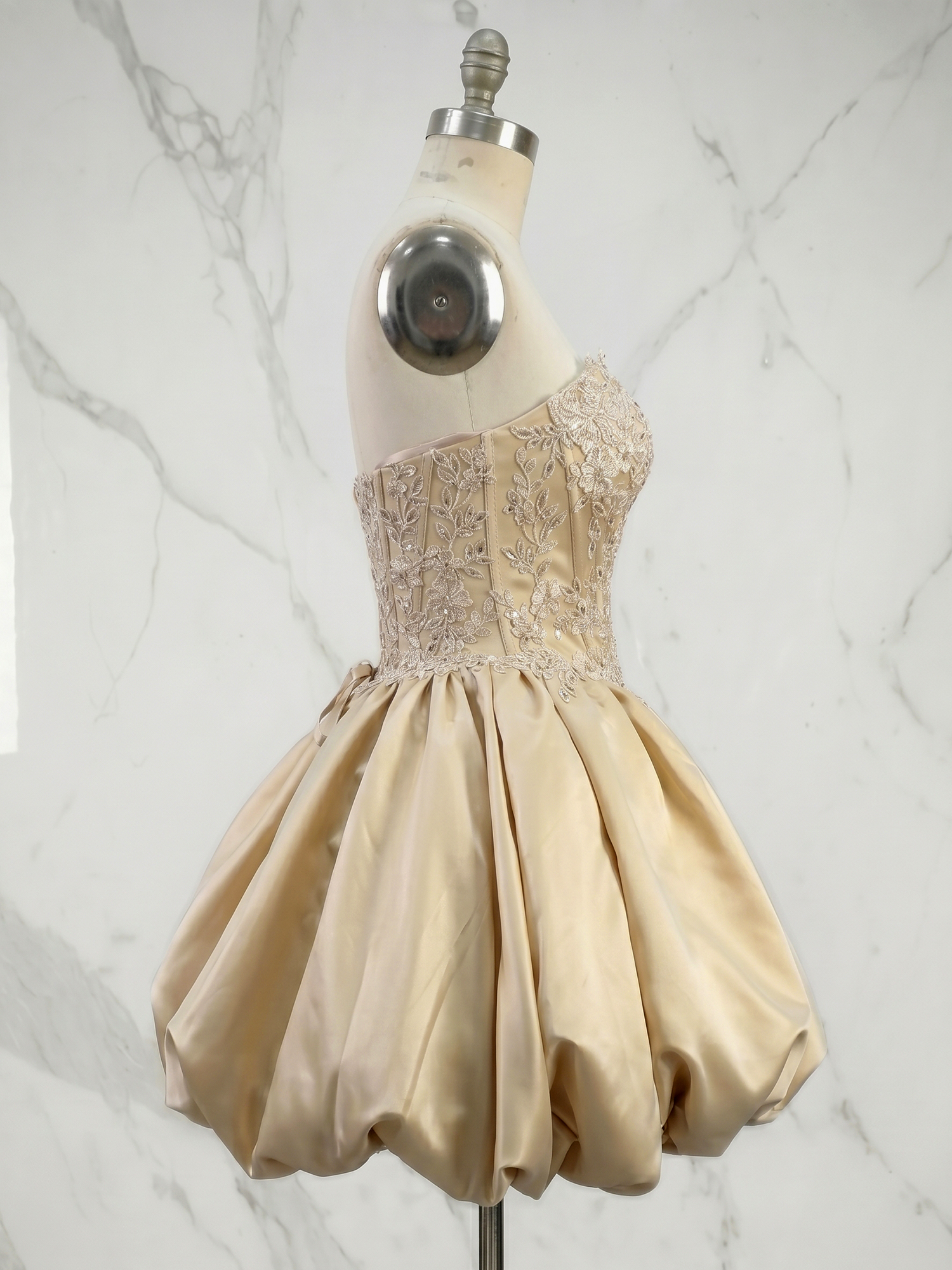 Champagne Radiance Lace Corset Satin Bubble Mini Dress Homecoming Dress