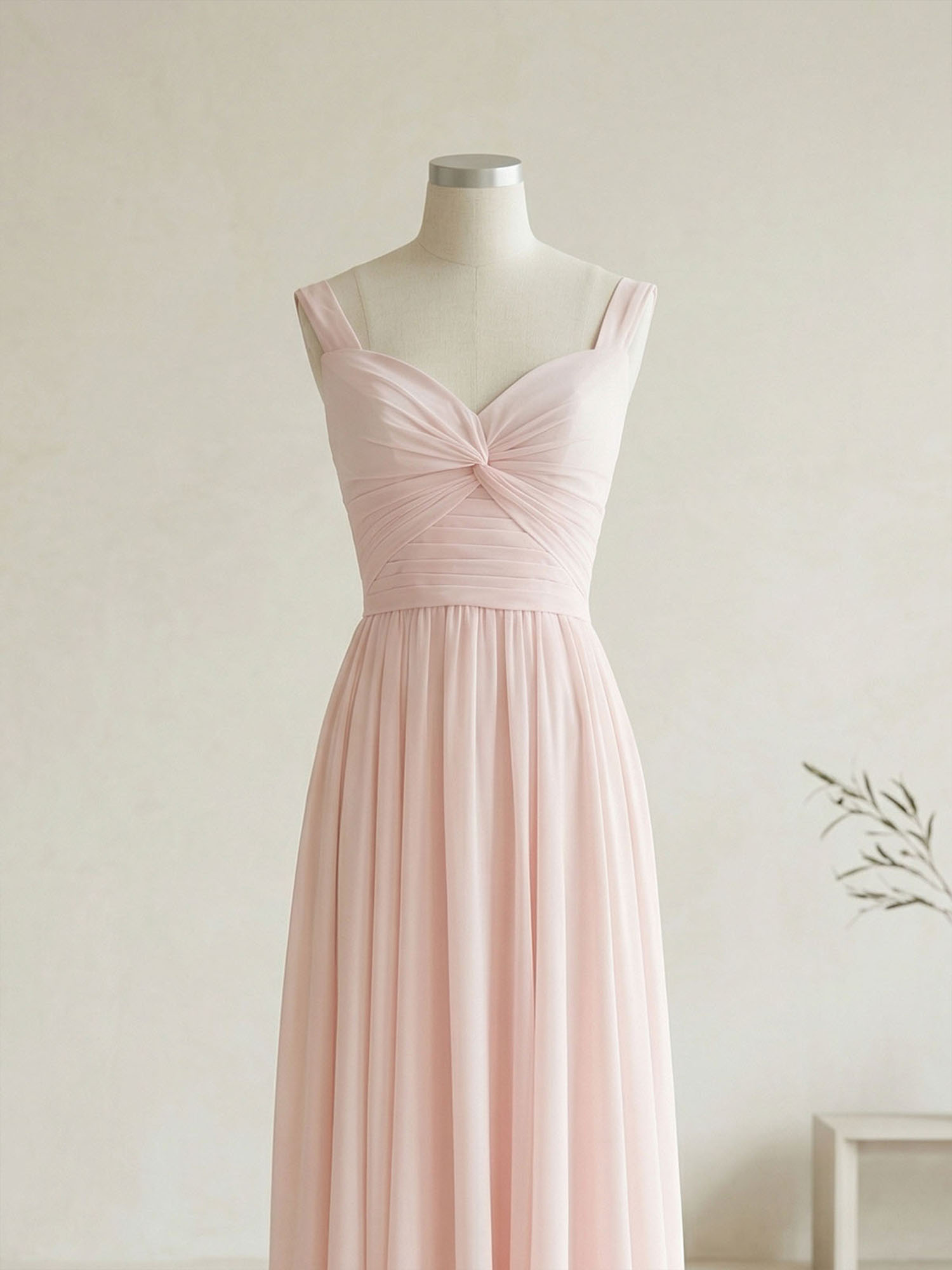 Elegant Soft Blush Twist-Front Chiffon Maxi Gown