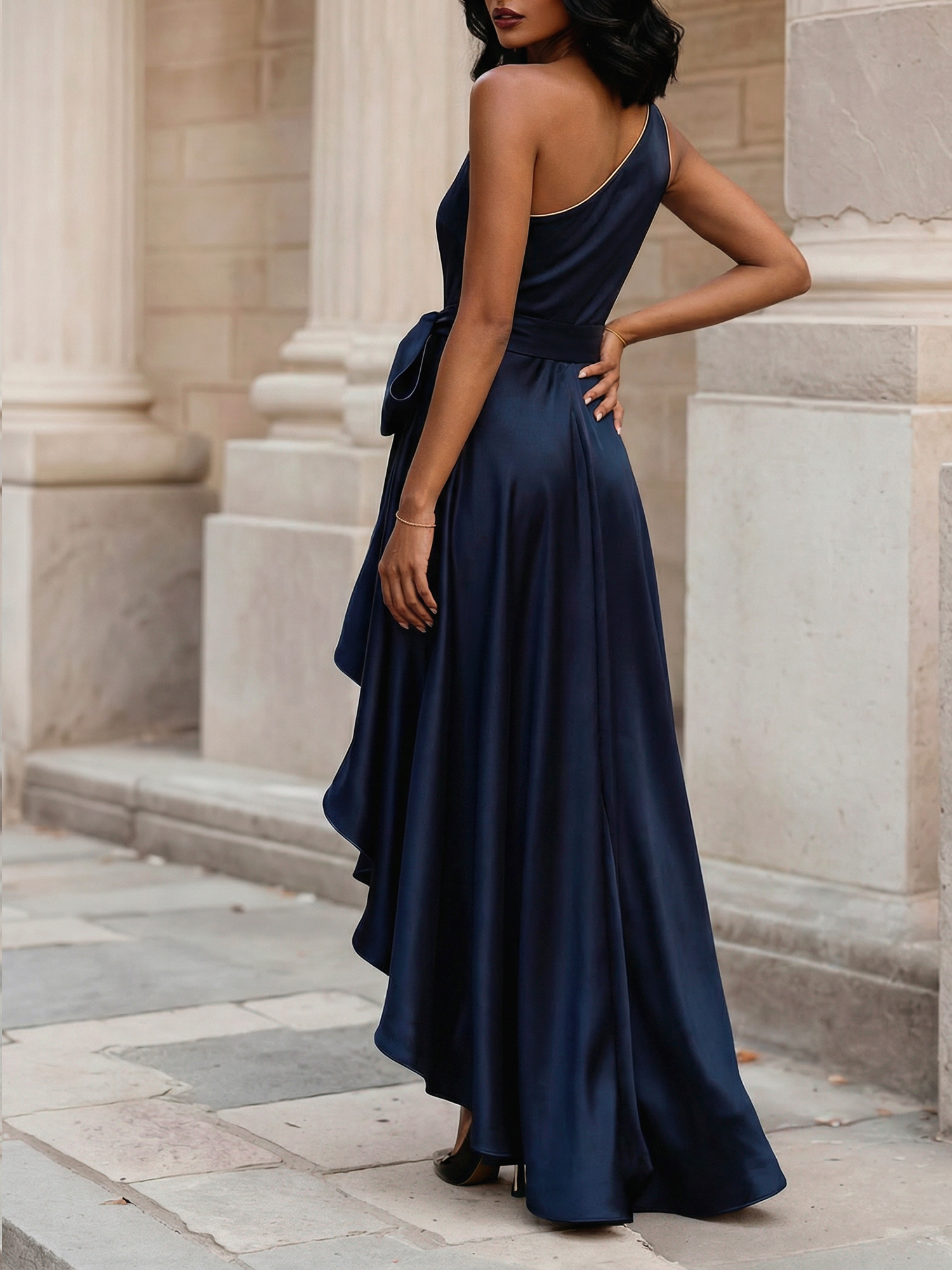 Glamorous Formal Dress Midnight Navy One Shoulder High-Low Satin Gown Midi Dress