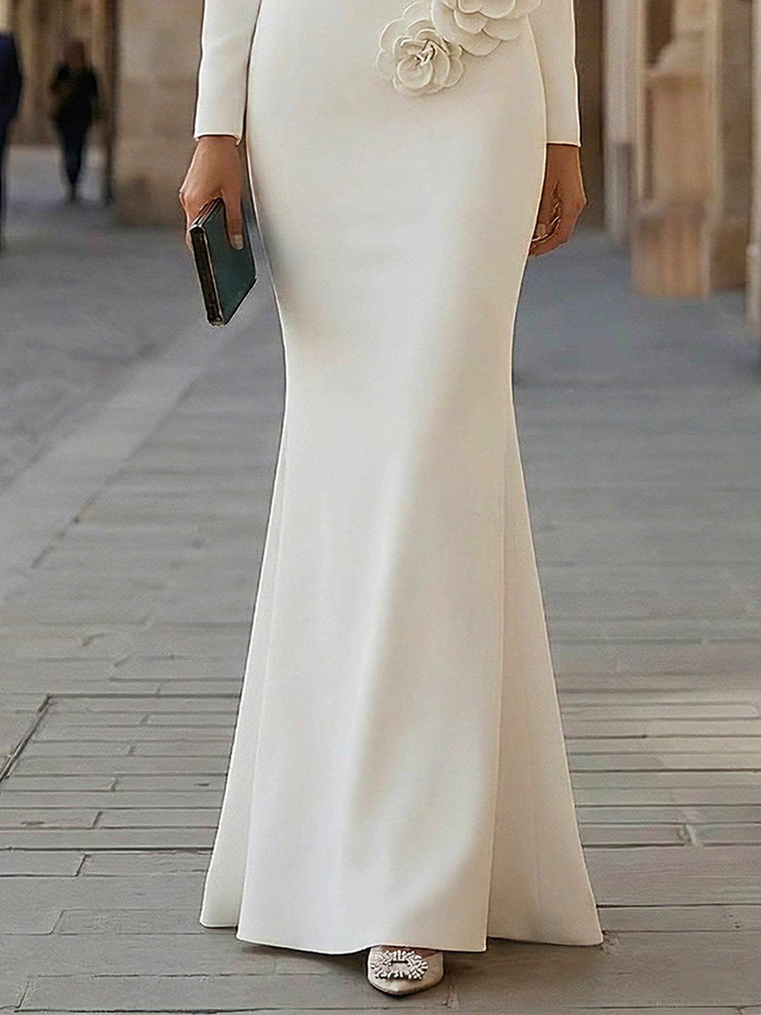 Elegant Pure White Formal Evening Dress Long-Sleeve 3D Floral Crepe Maxi Dress Gown