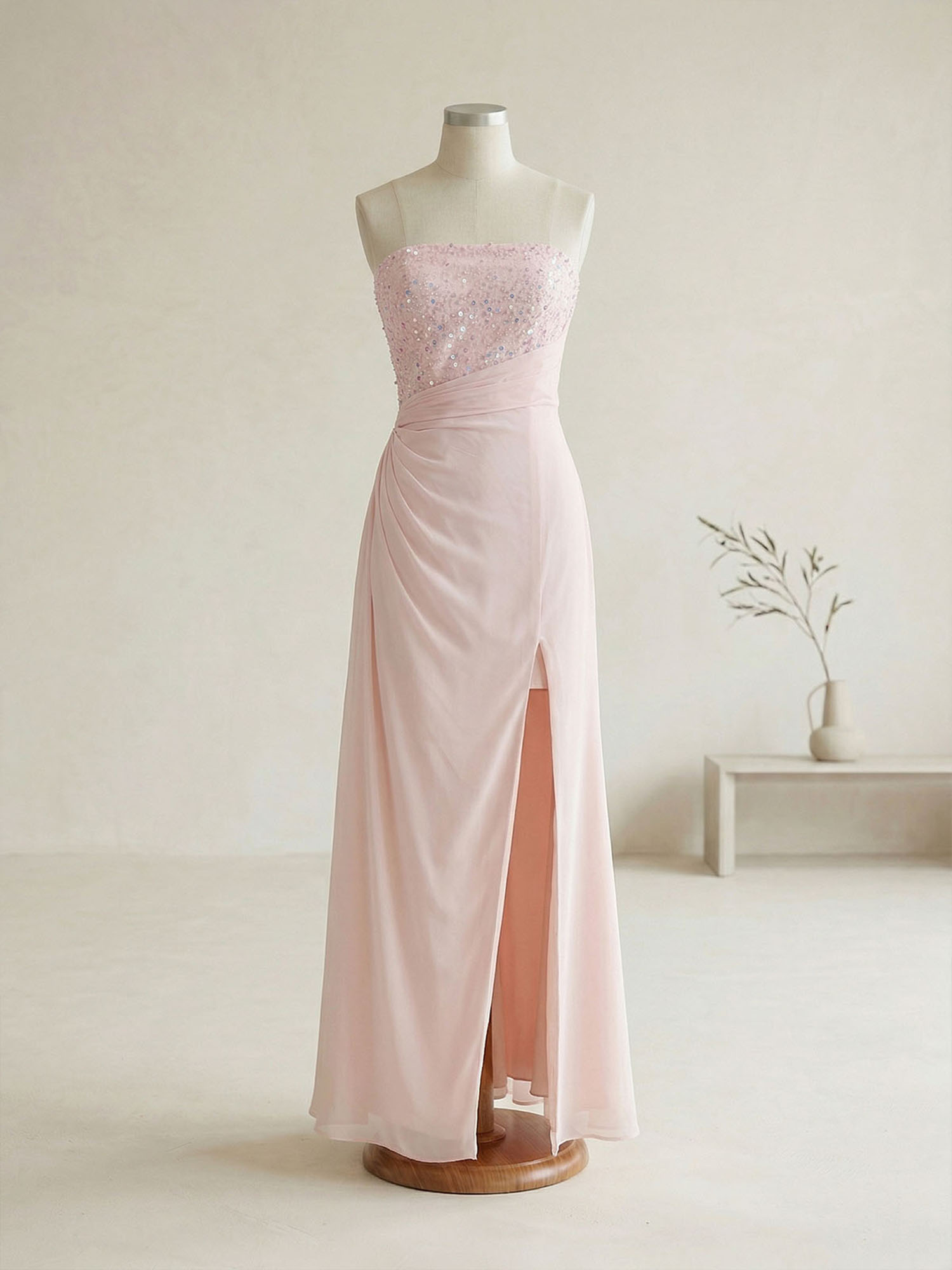 Glamorous Formal Evening Dress Soft Blush Beaded Strapless Slit Gown