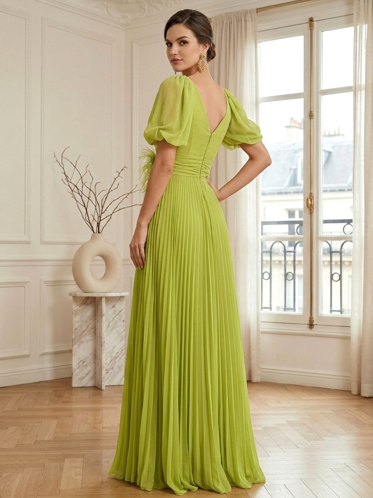 A-Line Chiffon Evening Gown with Feather V-Neck Short Sleeves Formal Dress