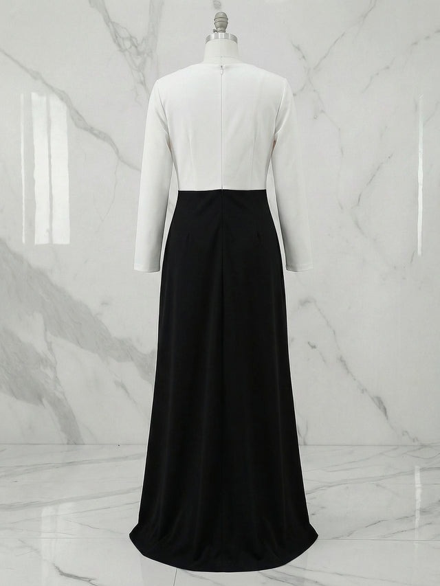 Formal Evening Dress Black White Deep V Colorblock Long Sleeve Maxi Dress