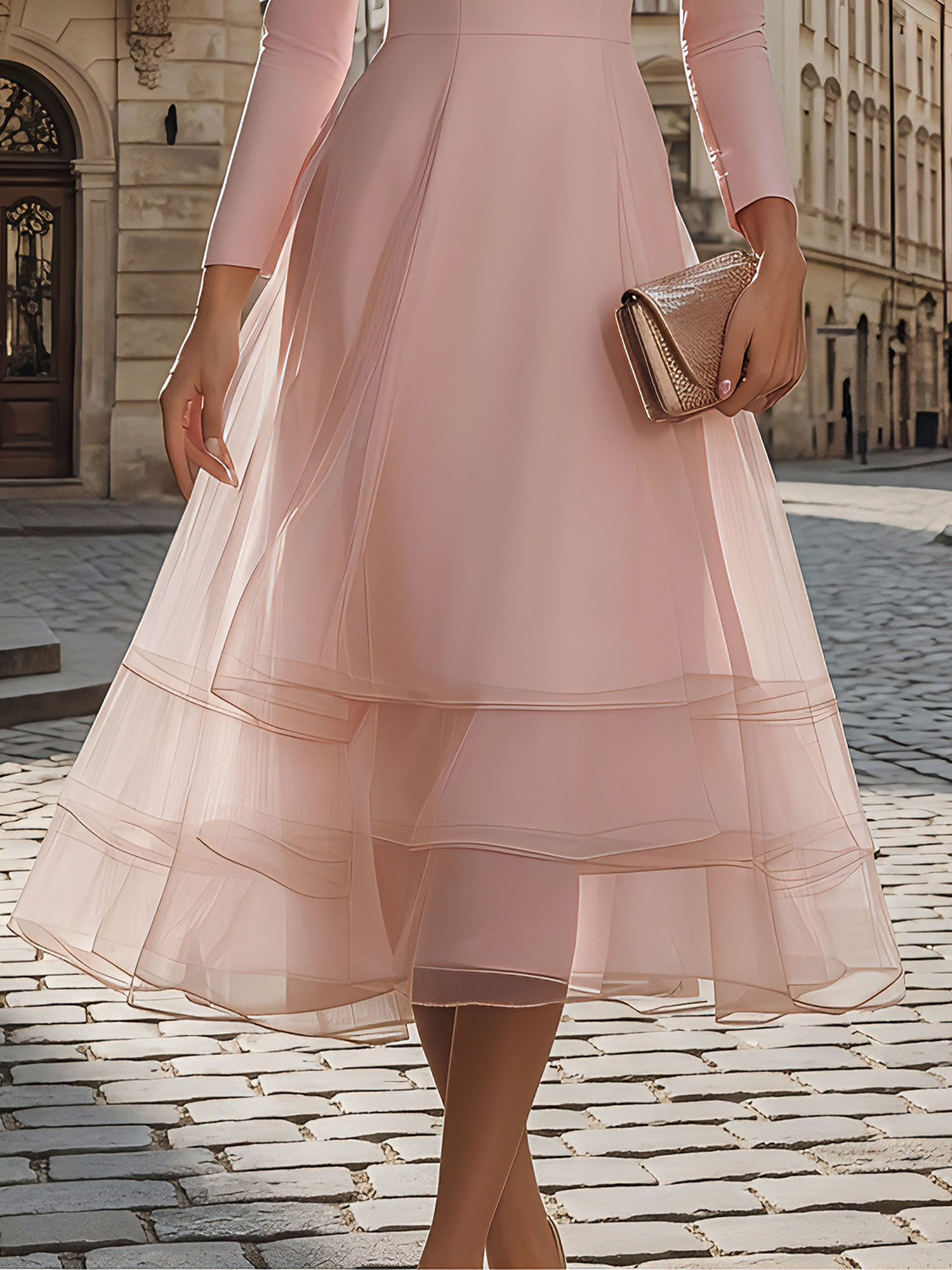 Timeless Evening Foraml Gown Blush Pink Long-Sleeve Layered Organza Midi Dress