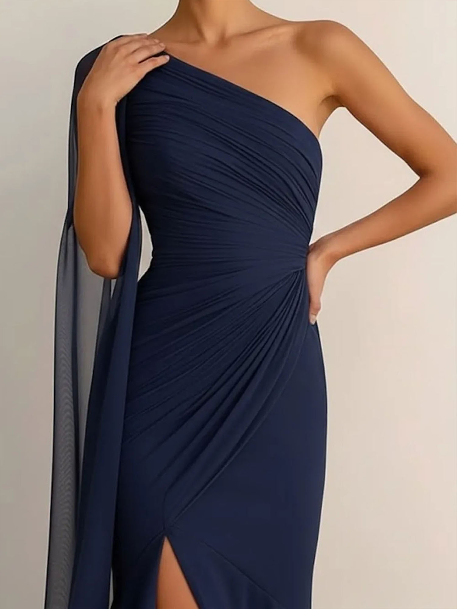 One-Shoulder Cape Sleeve Draped Mermaid Gown with Ruffle Hem