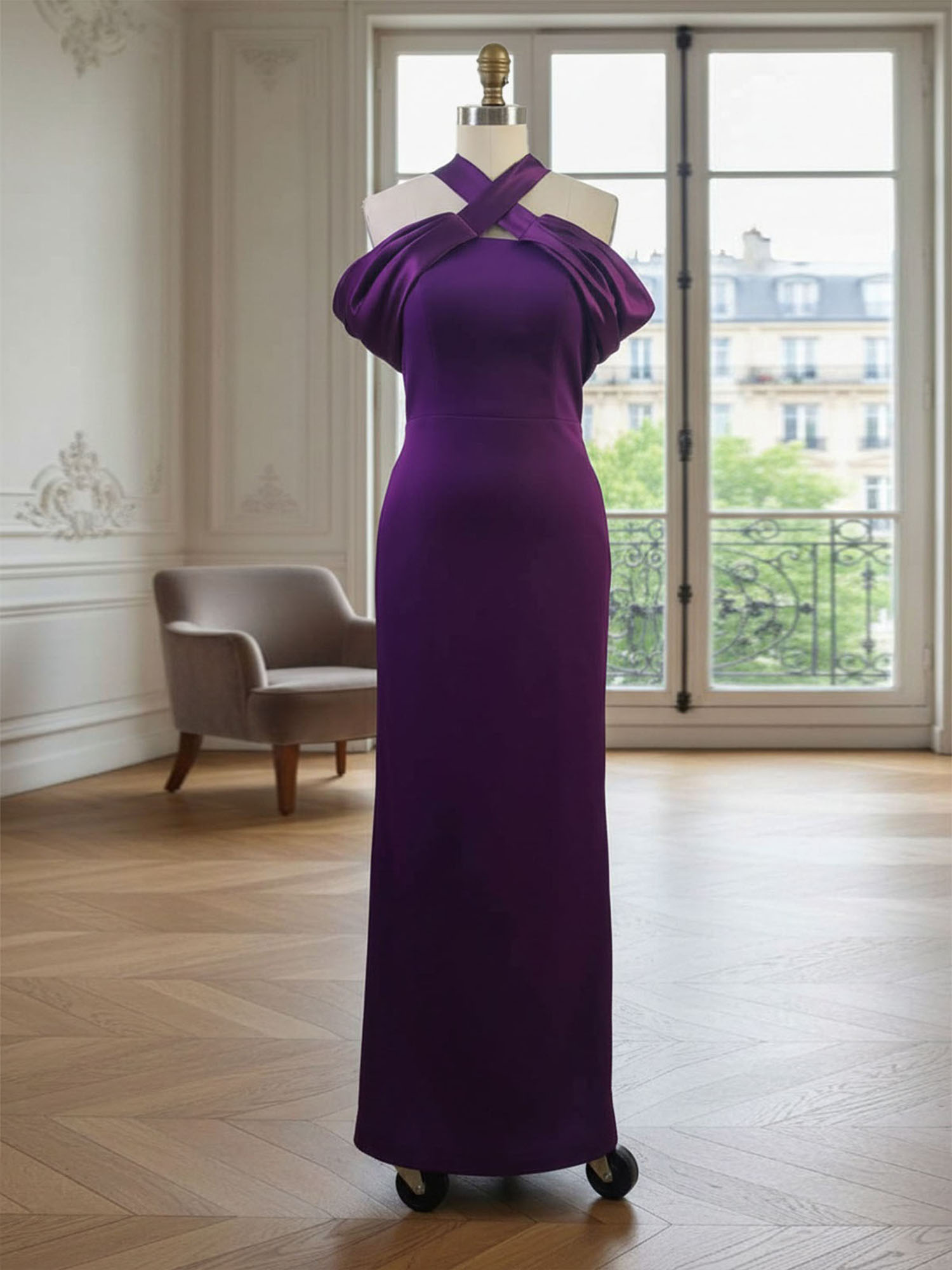  Regal Plum Crepe Column Gown with Satin Criss-Cross Halter Maxi Dress