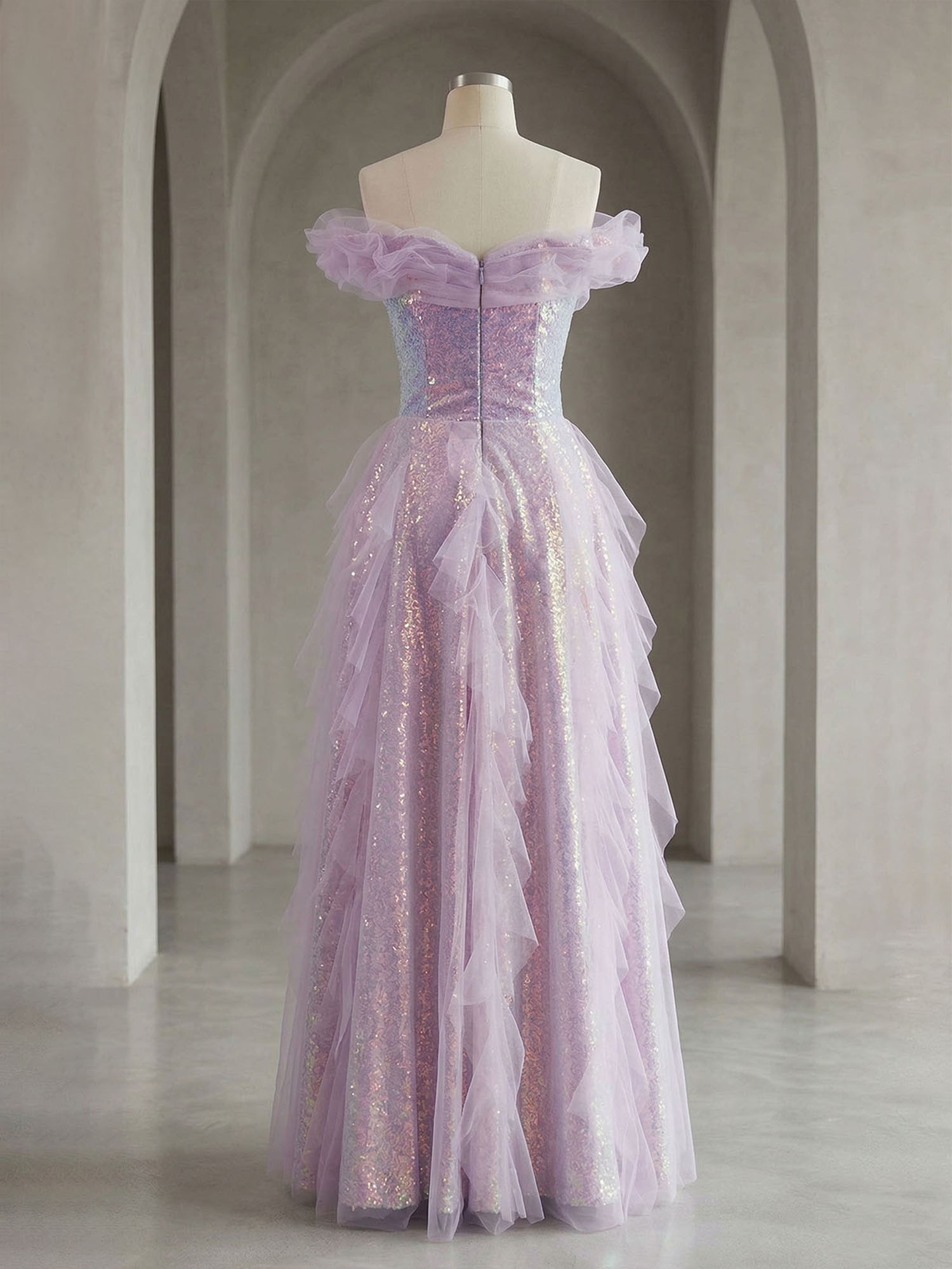 Enchanting Off-the-Shoulder Sequin Tulle A-Line Gown with Ruffled Detailing