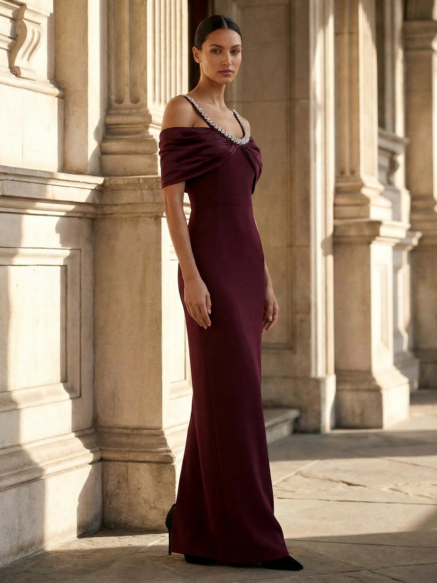 Burgundy Formal Evening Dress Sheath Cold Shoulder Maxi Dress
