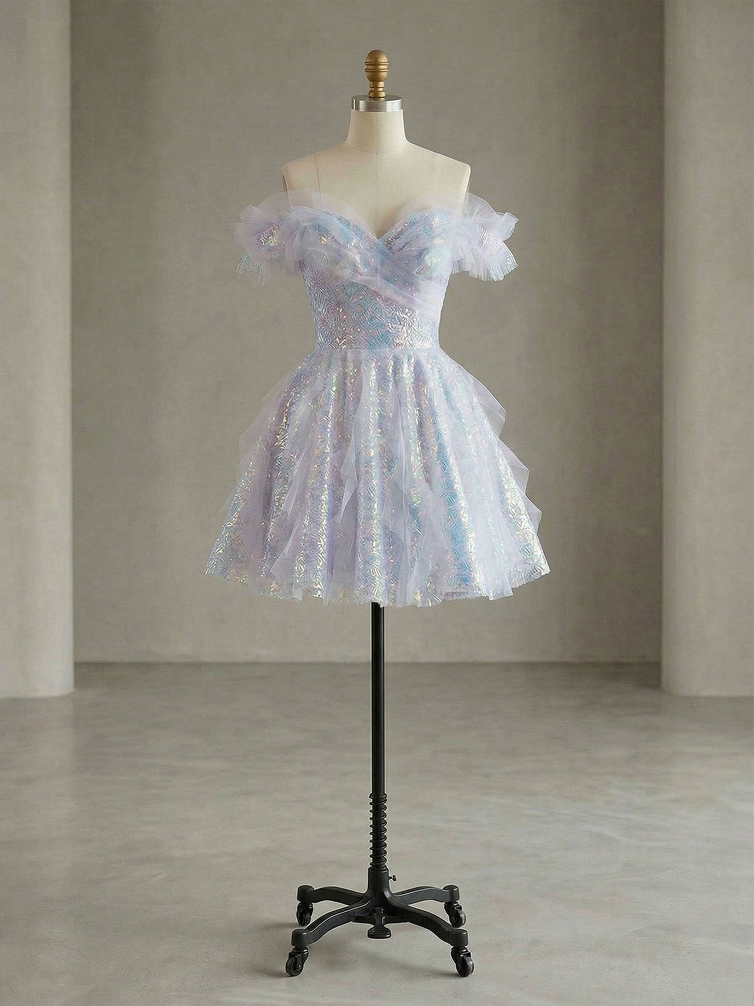 Enchanting Off-the-Shoulder Ruffled Sequin A-Line Short Dress with Corset Back