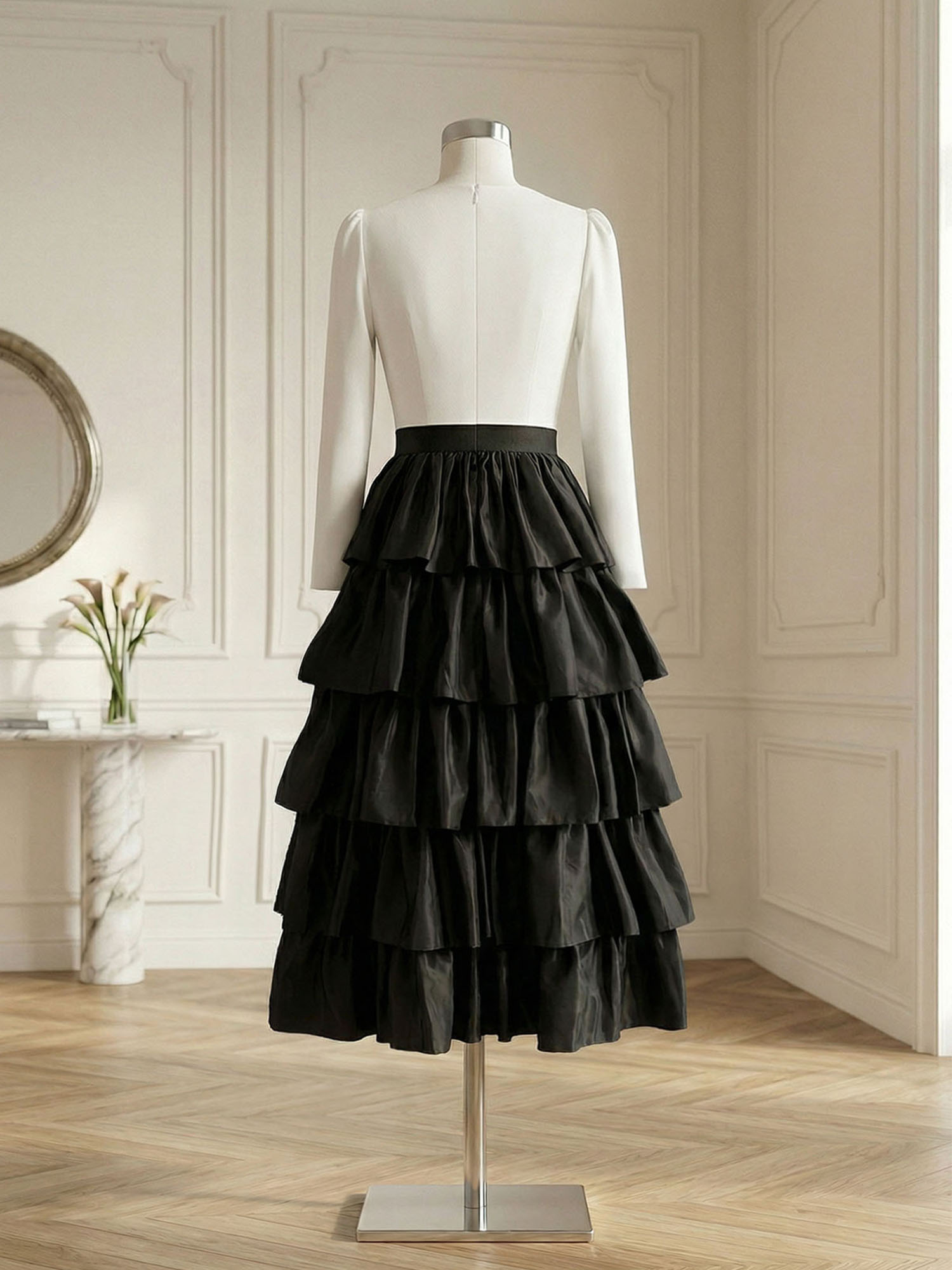 Elegant V-Neck Long Sleeve Tiered Ruffle Midi Dress with Contrast Waistband
