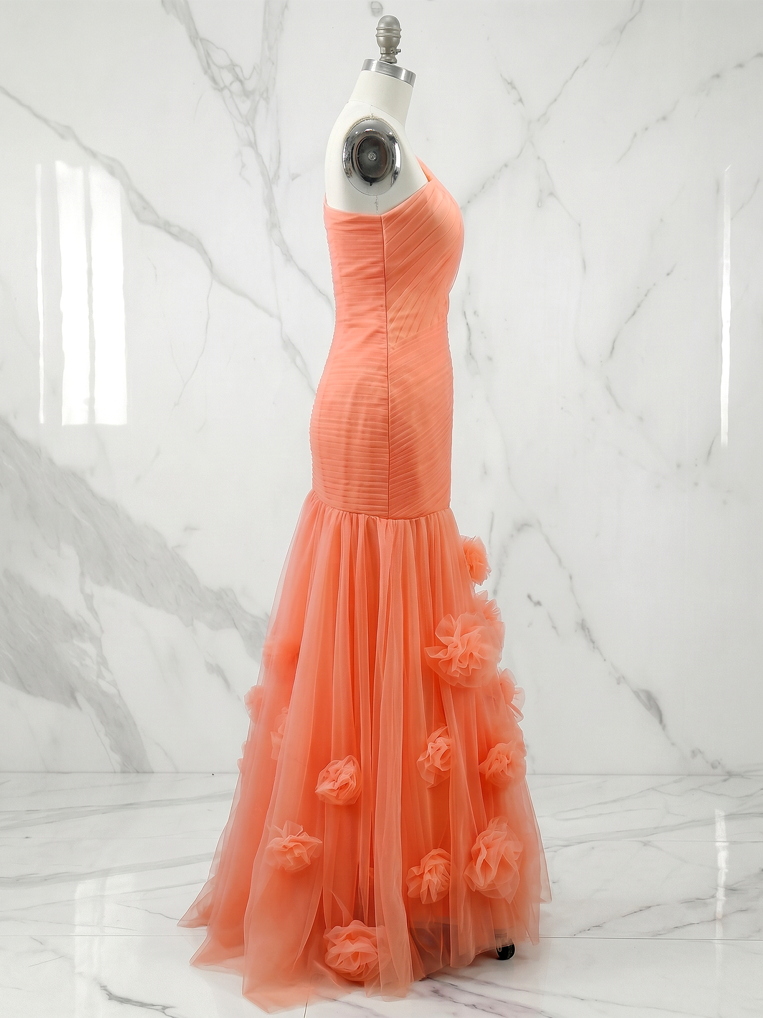 Coral Sweetheart Tulle Pleat One Shoulder Mermaid Evening Dresses Gown with 3D Flower
