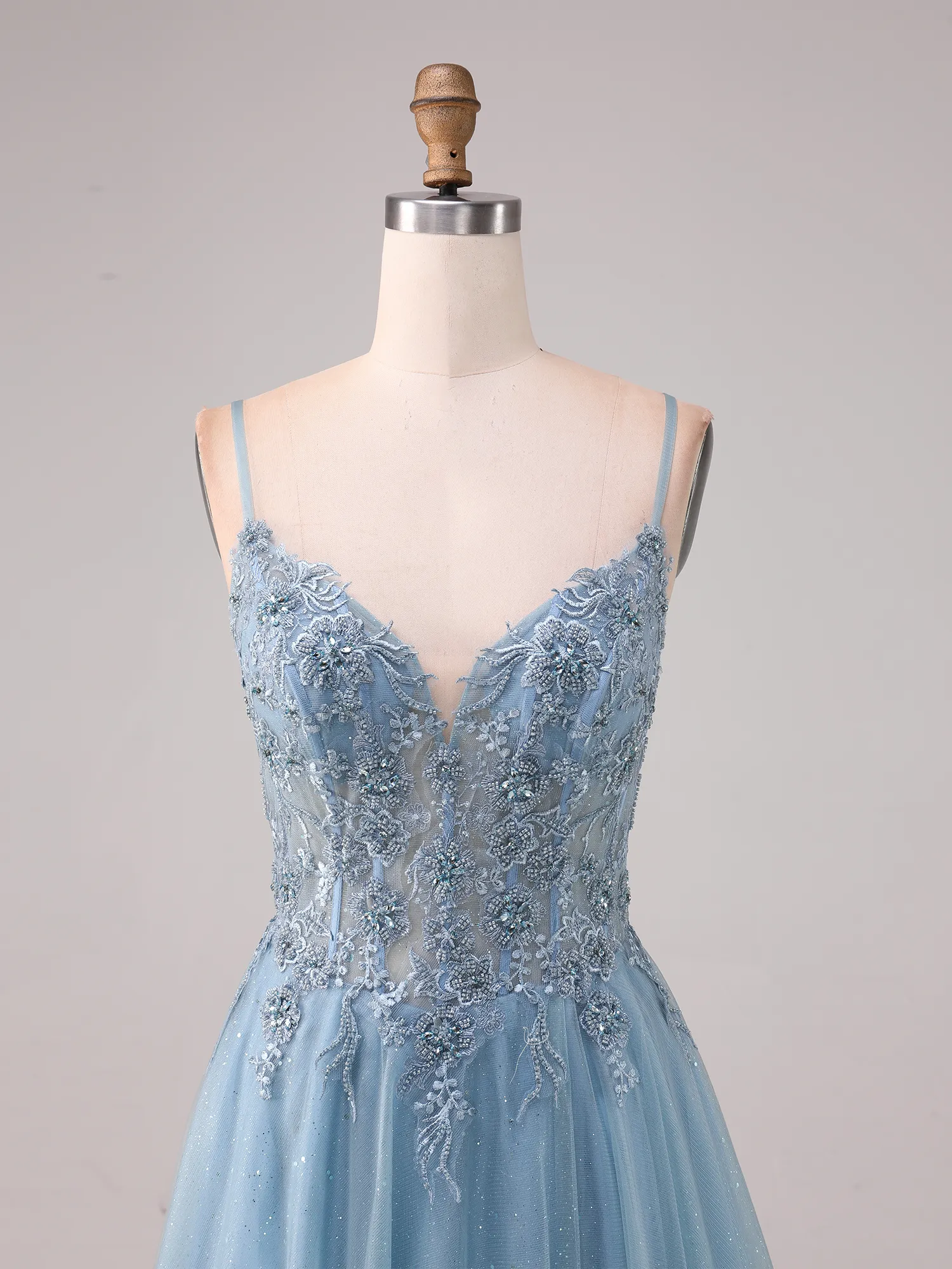 Sky Blue Spaghetti Strap Lace Appqué Glitter Tulle A-Line Prom Dress with Slit