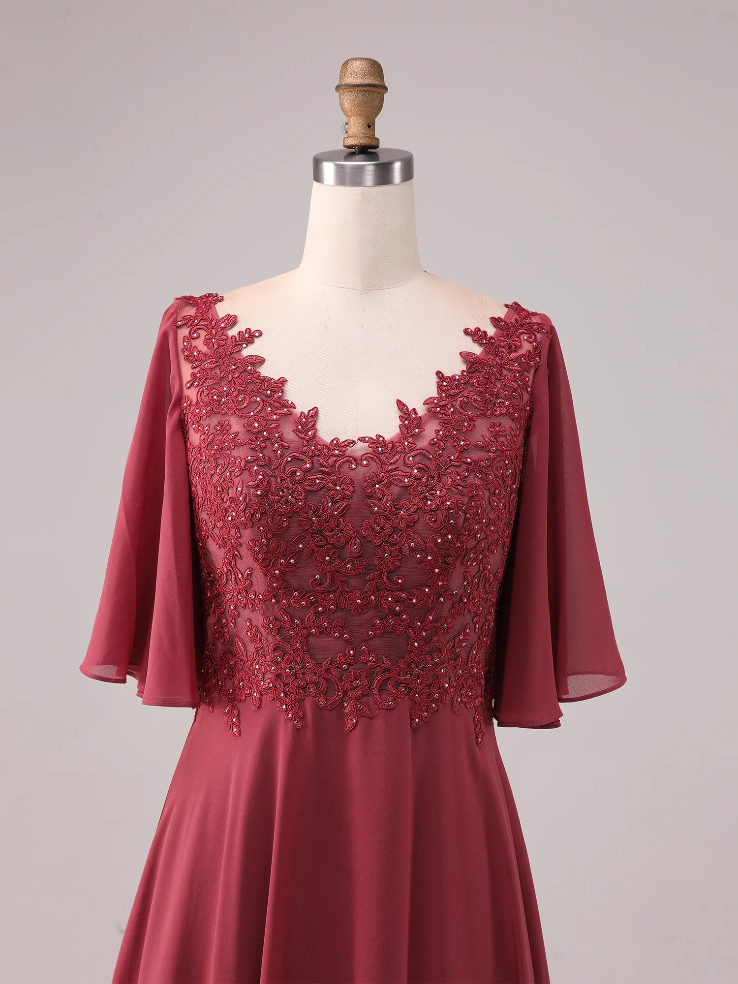 Burgundy Illusion Lace Flutter Sleeve Chiffon A-Line Mother of the Bride Dress