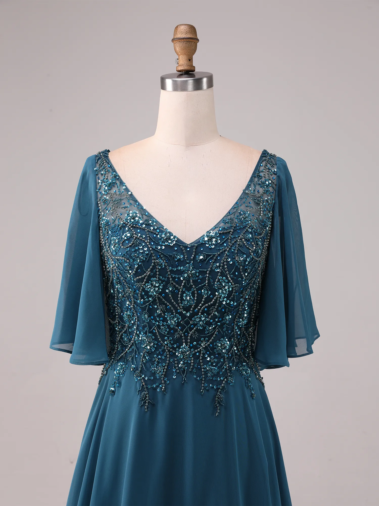 Peacock Blue Lace Appliqué Flutter Sleeve Chiffon A-Line Mother of the Bride Dress