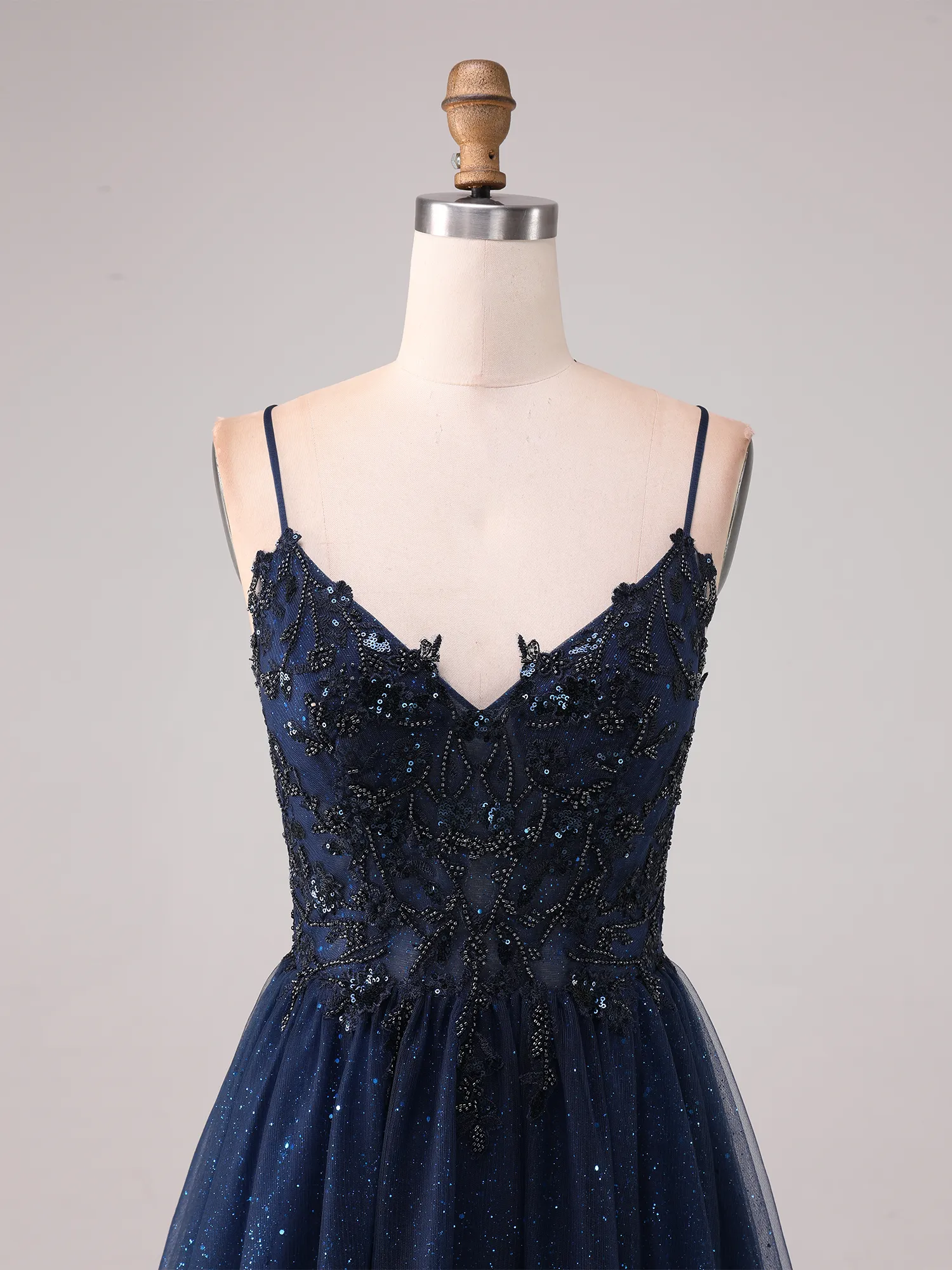 Navy Blue Spaghetti Strap Lace & Bead Glitter Tulle A-Line Prom Dress