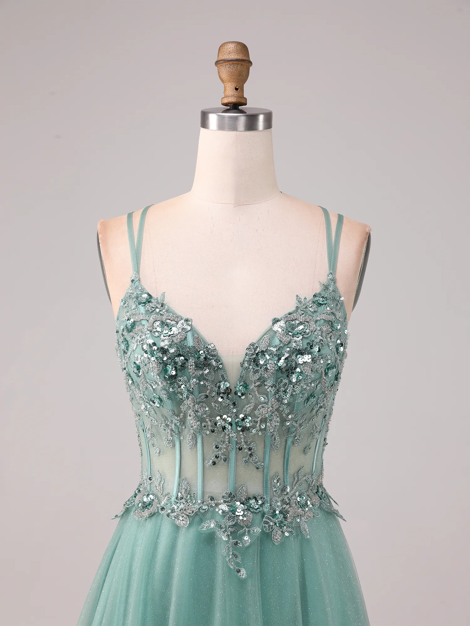Dusty Sage Green Sequin Lace Corset Glitter Tulle A-Line Prom Dress with Crisscross Back