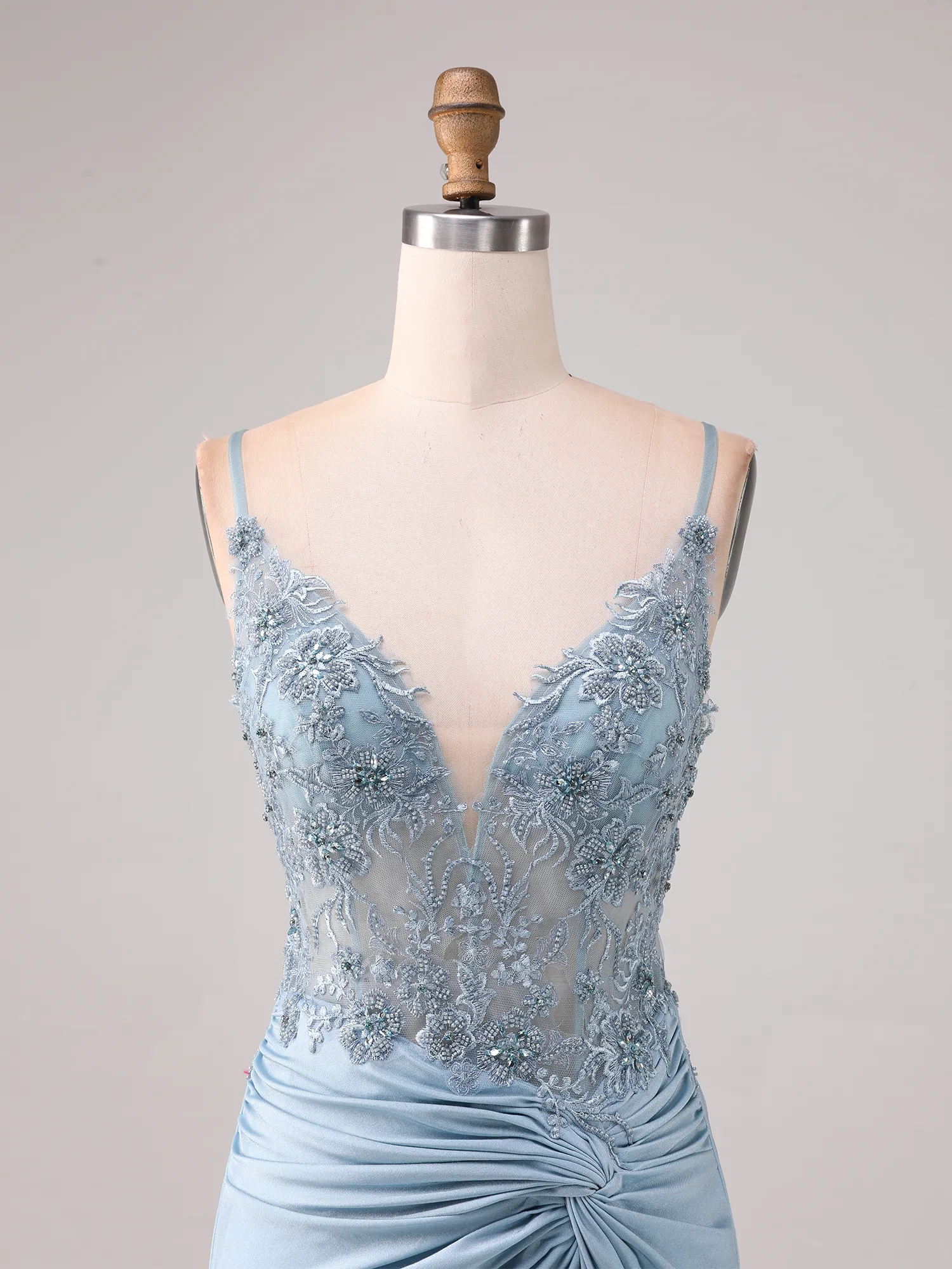 Sky Blue Lace Appqué Illusion Bodice Ruched Satin Mermaid Prom Dress