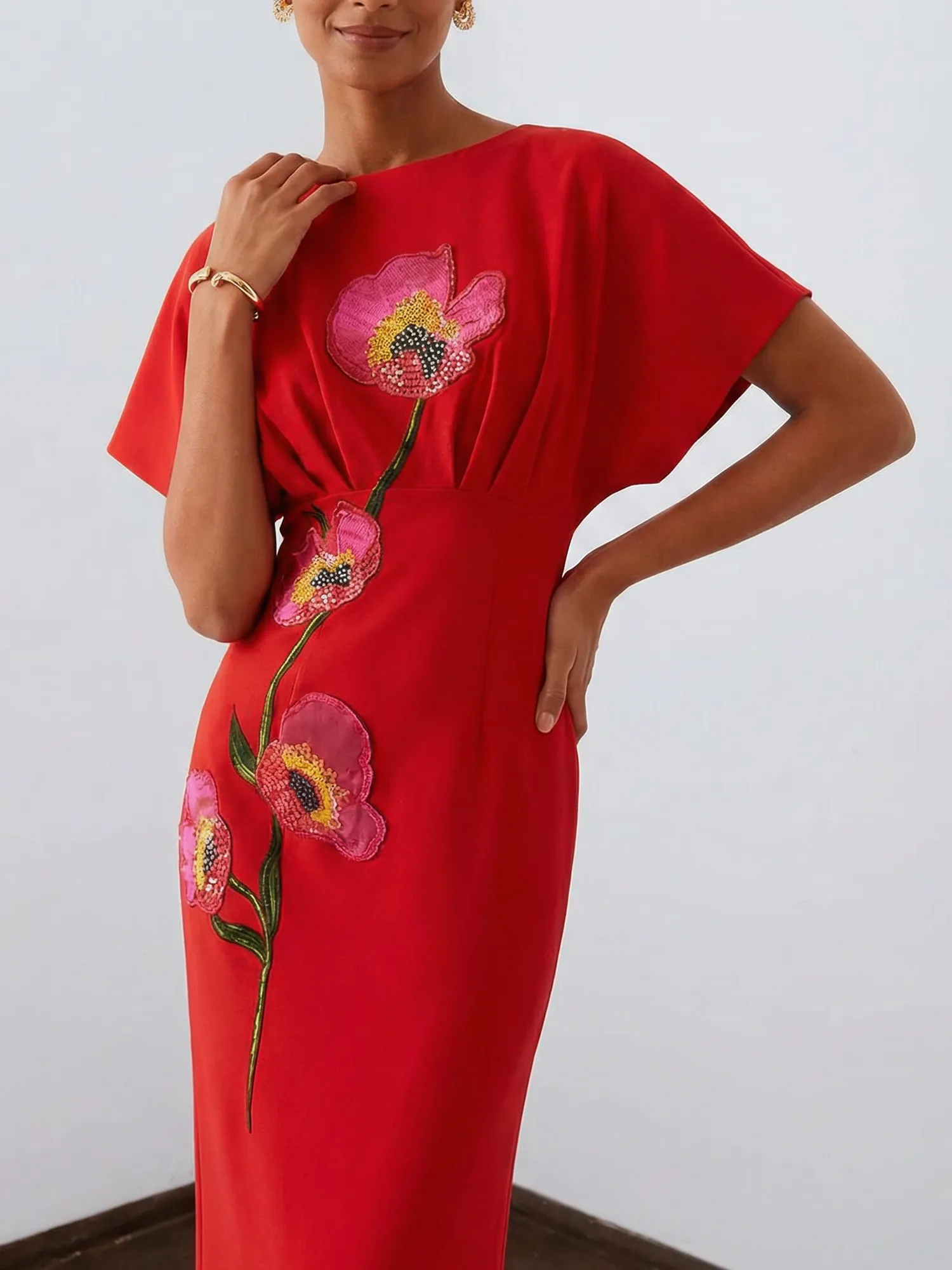 Floral Embroidered Boat Neck Batwing Sleeve Column Evening Gown