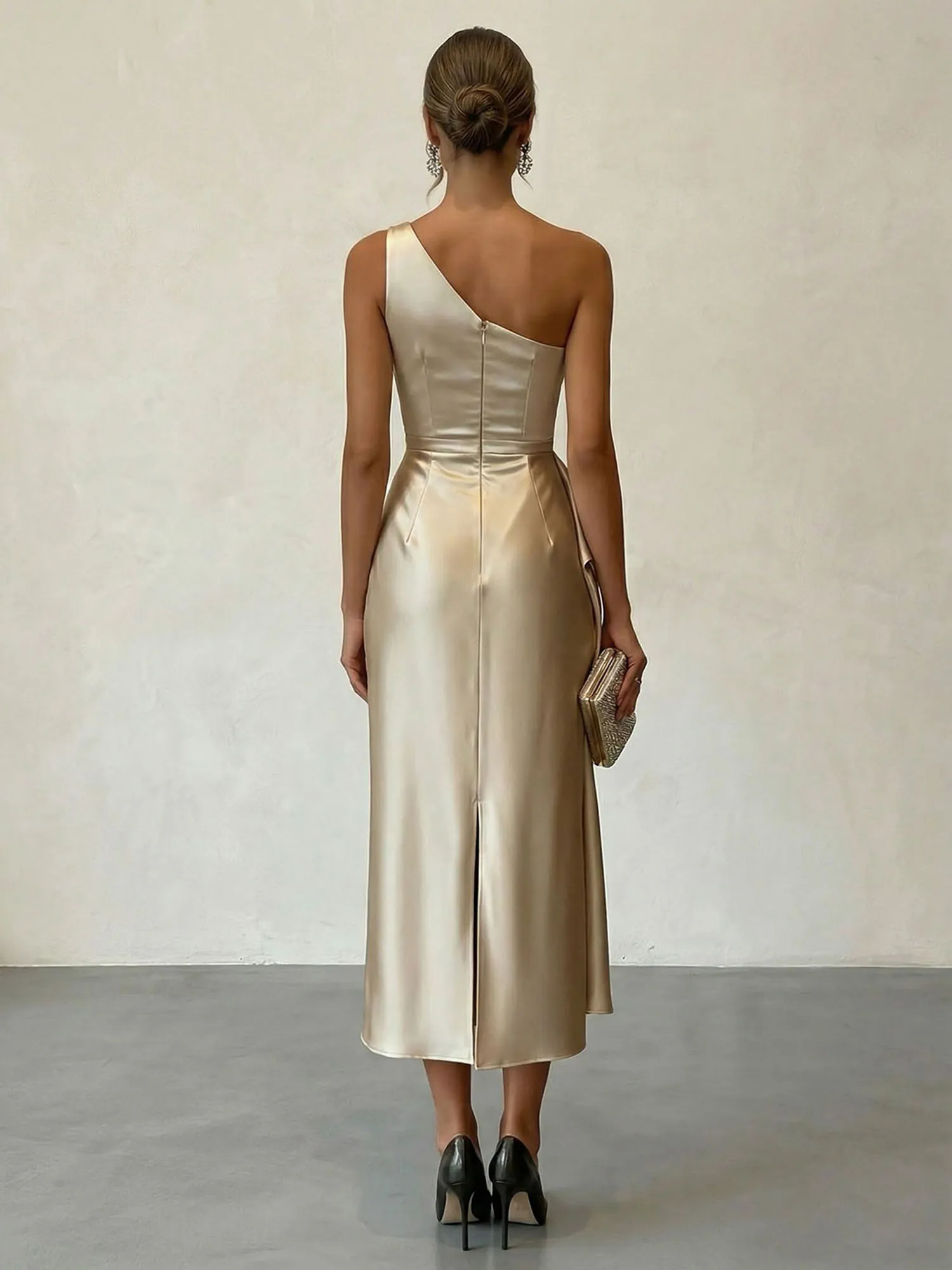 One-Shoulder Ruched Satin Midi Evening Dress with Draped Detail