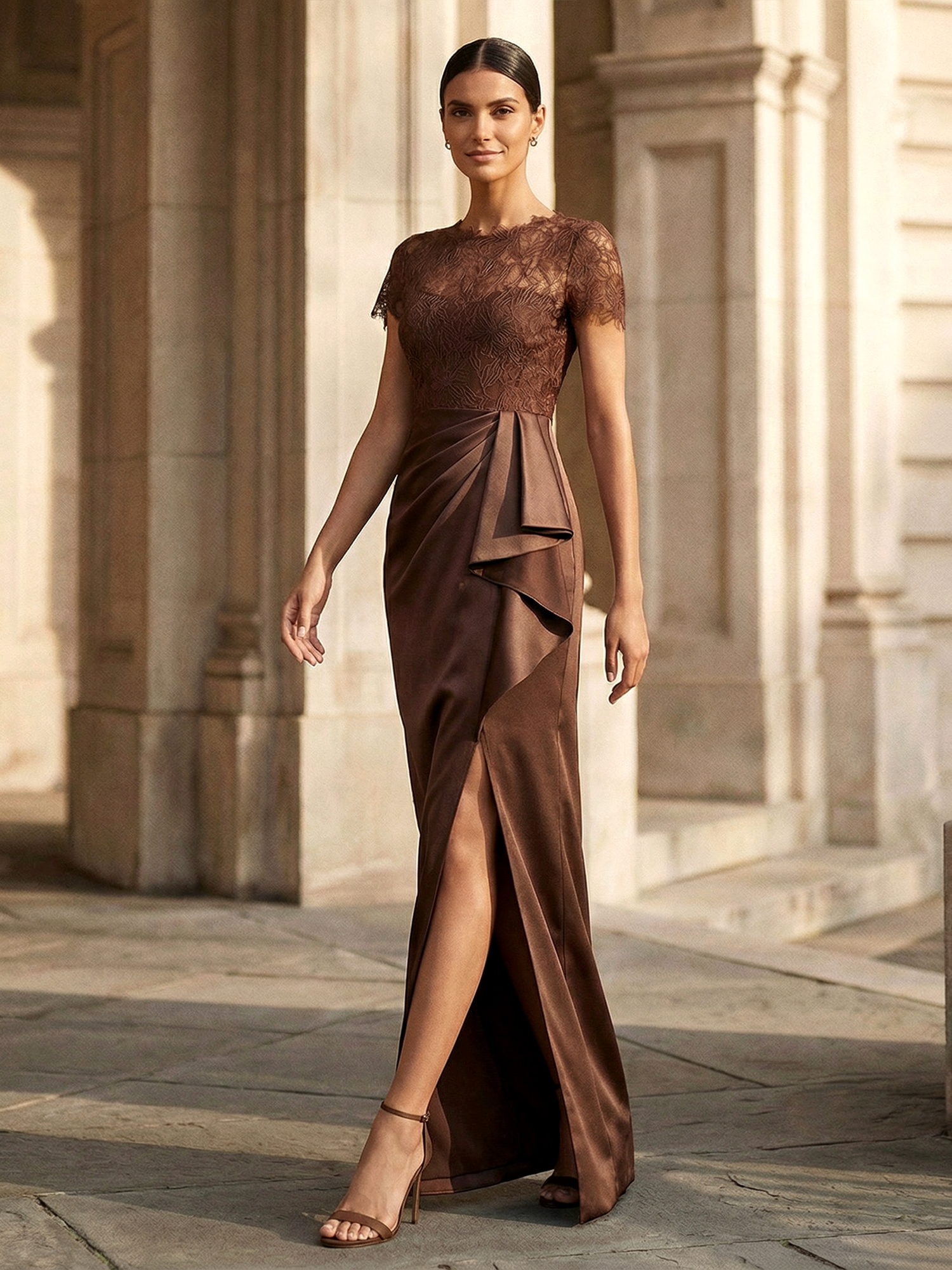 Brown Formal Dress Round Neck Satin Slit Maxi Dress with Ruffle