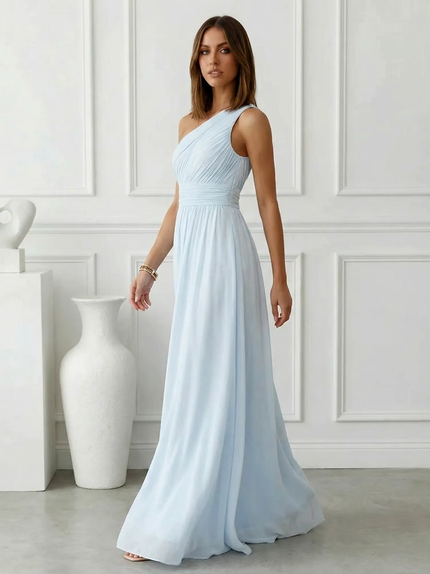 One-Shoulder Pleated Chiffon A-Line Evening Dress