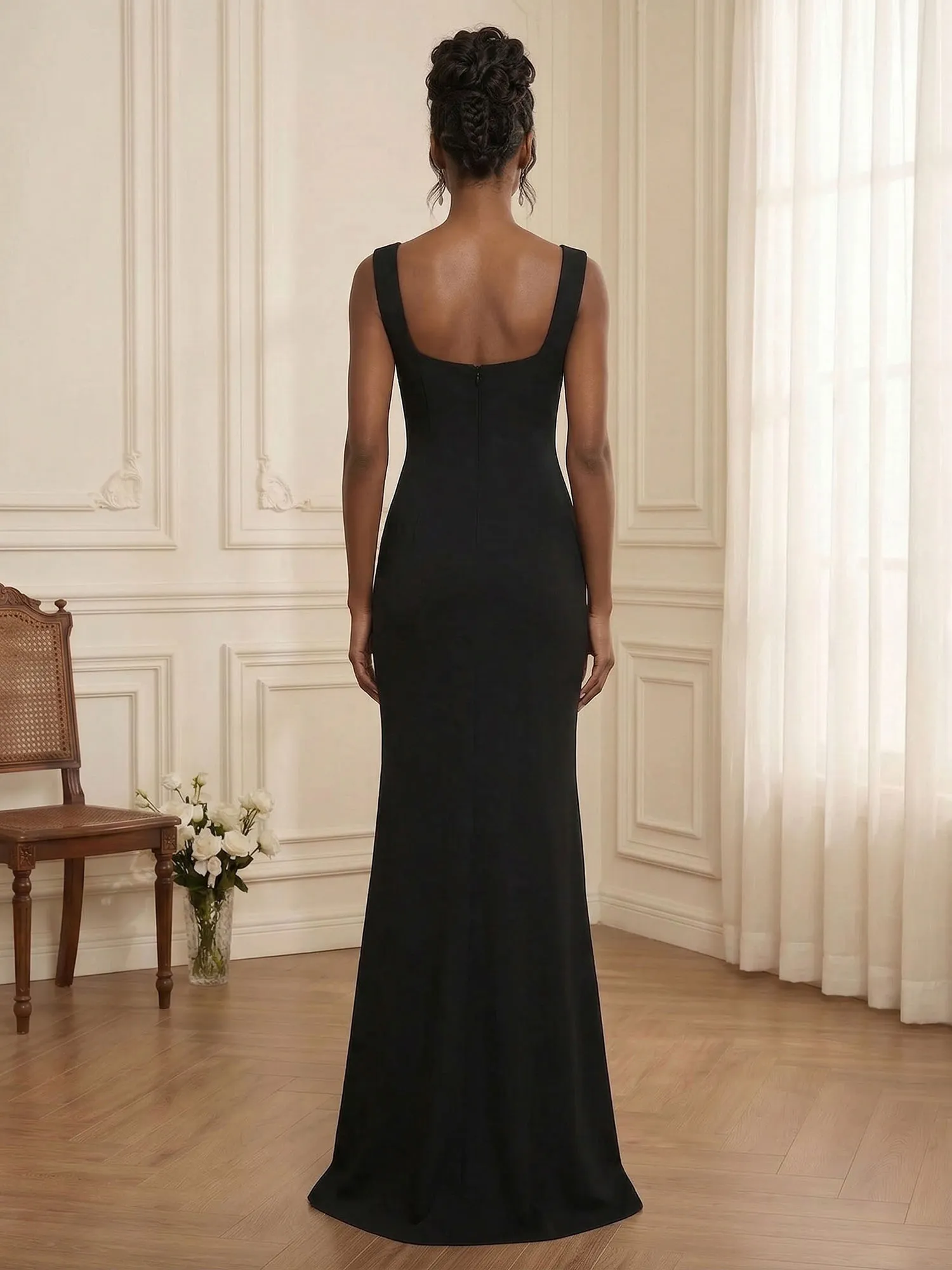 Square Neck Crystal Rose Appliqué Crepe Mermaid Evening Gown