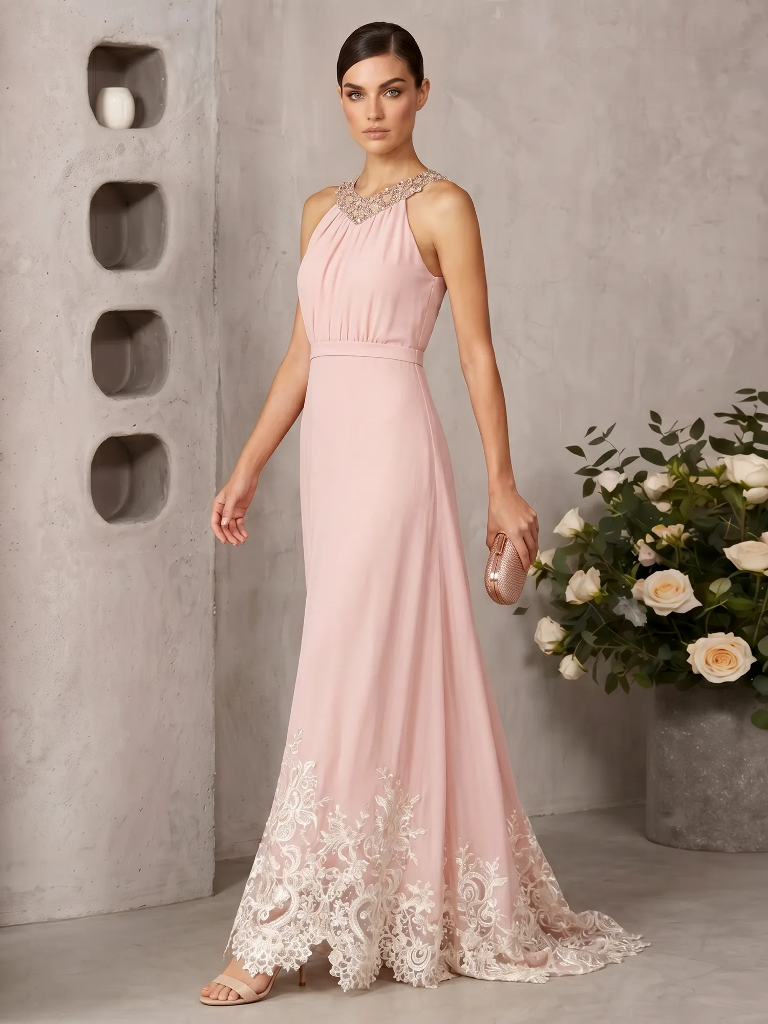 Halter Neck Beaded Chiffon Gown with Lace Hem