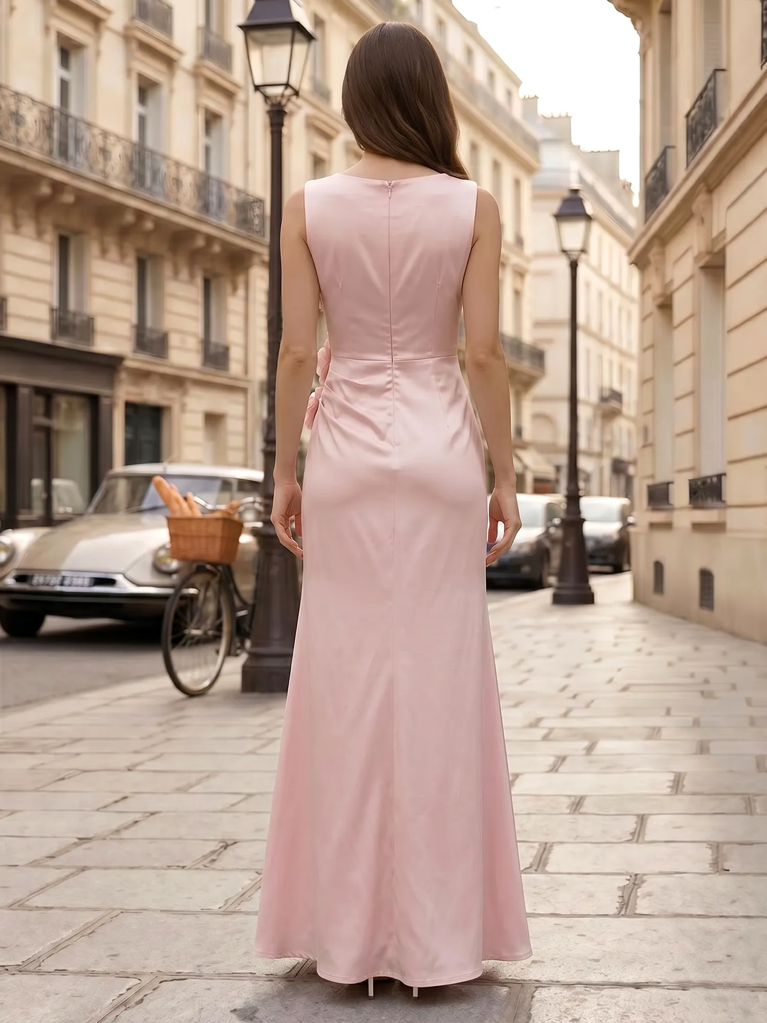 Round Neck Sleeveless Satin Gown with 3D Floral Appliqué & Front Slit