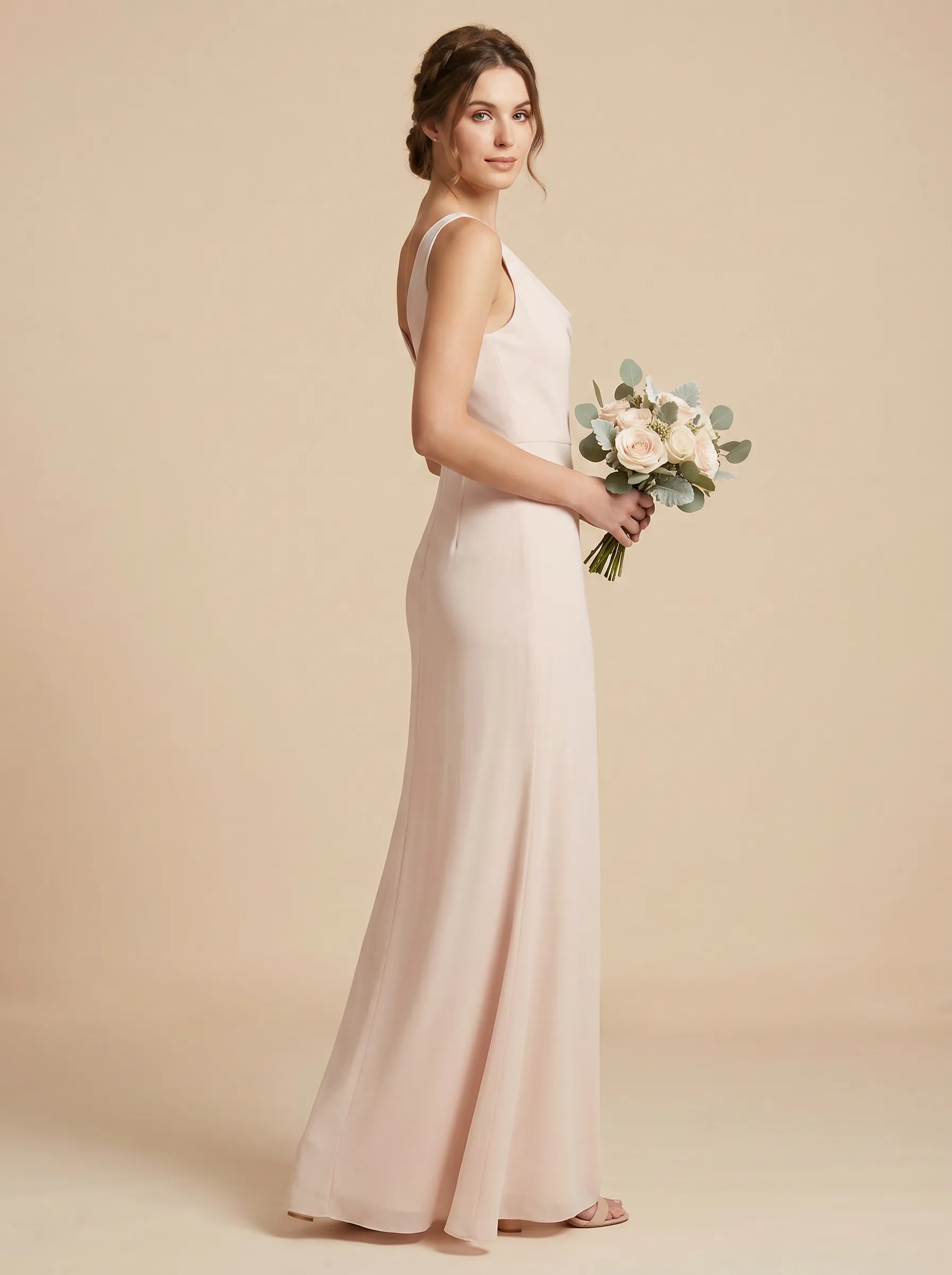 Blush Pink Asymmetric Cowl Neck Chiffon Bridesmaid Dress
