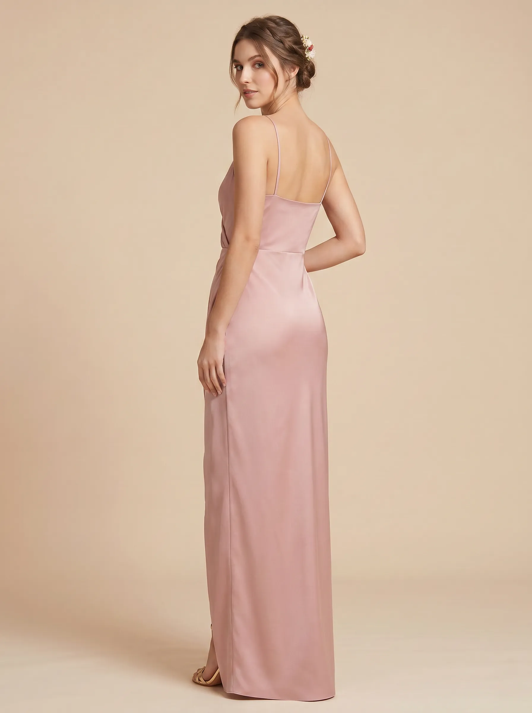 Dusty Rose Spaghetti Strap V-Neck Satin Bridesmaid Dress with Wrap Draping & Slit