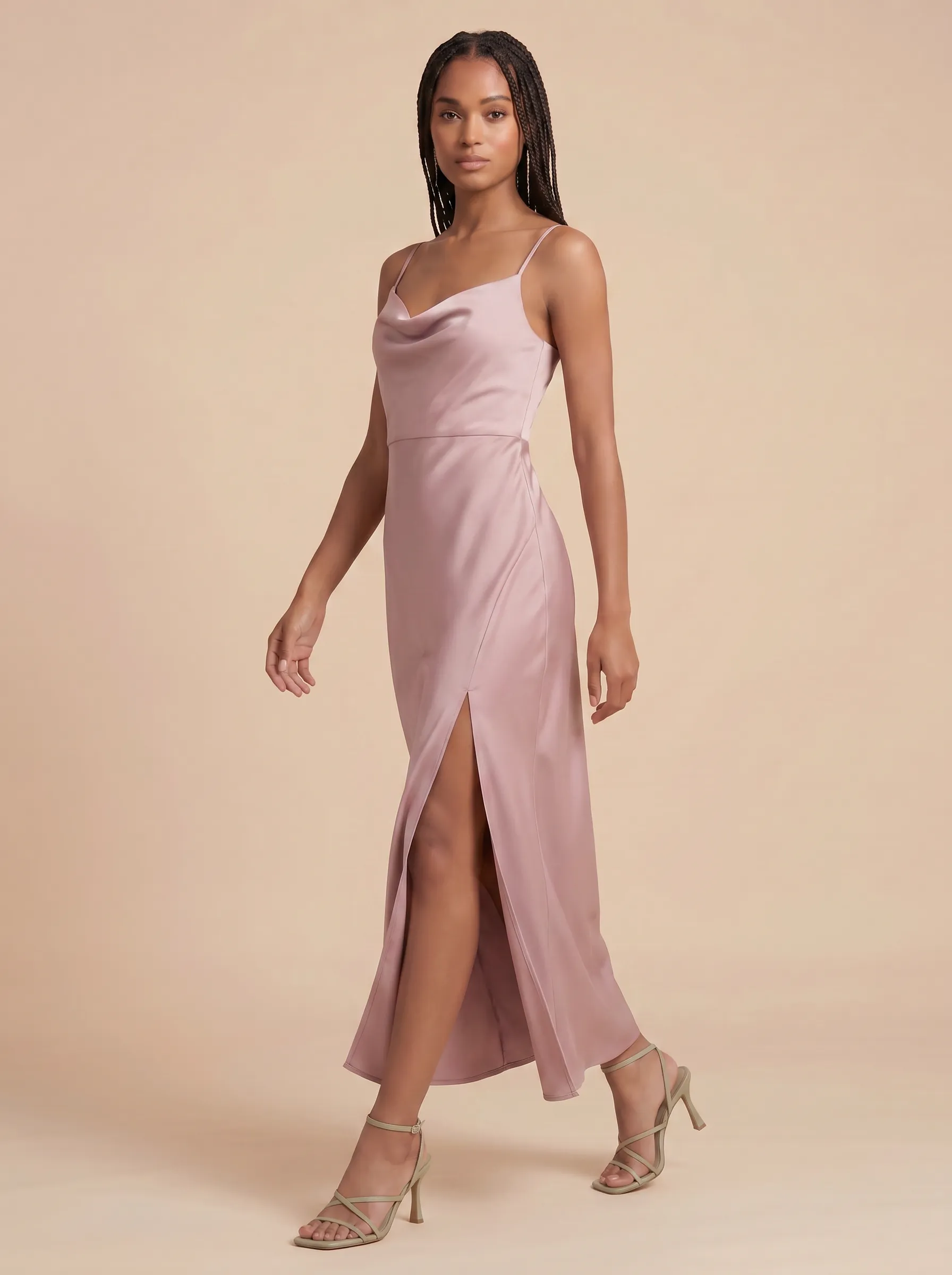 Dusty Rose Spaghetti Strap Cowl Neck Satin Bridesmaid Midi Dress with Slit