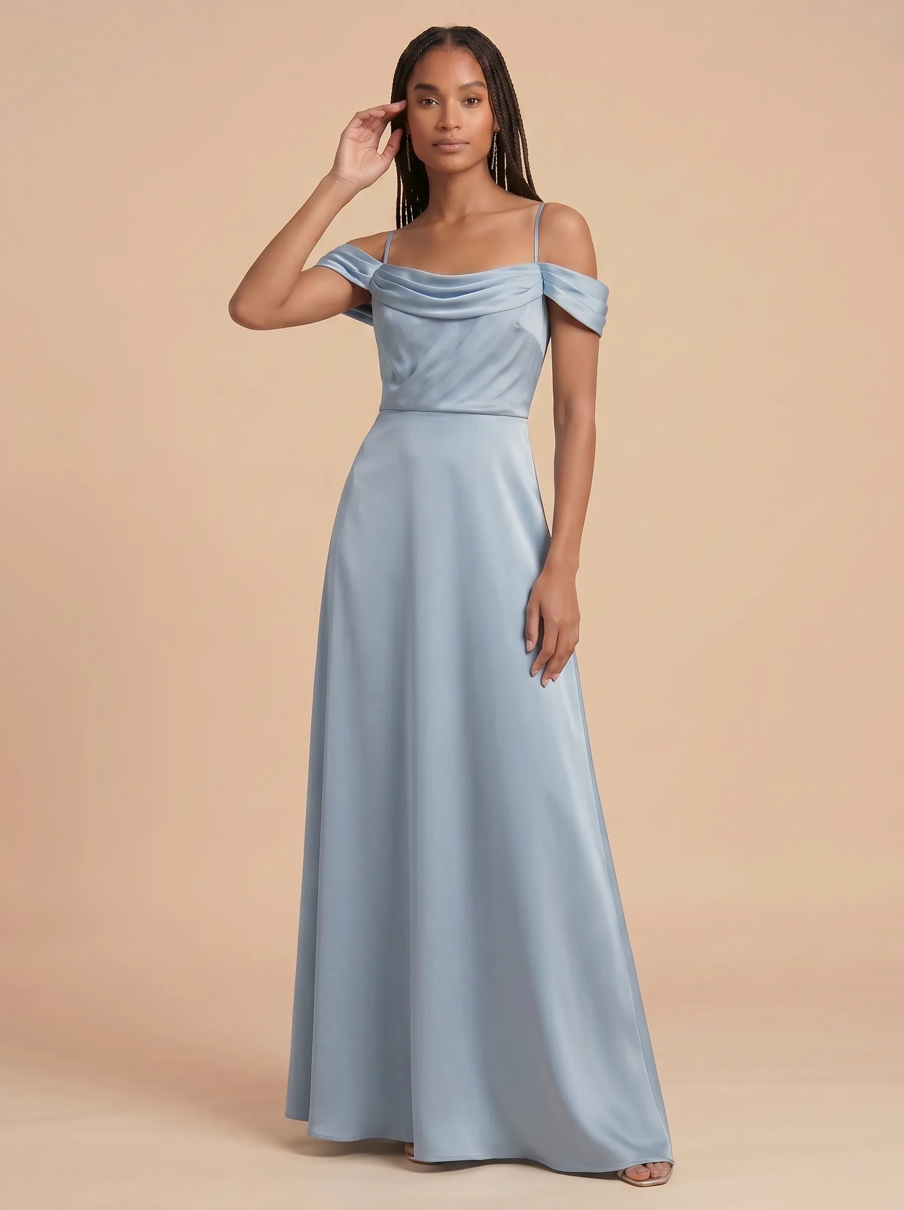 Dusty Blue Off-the-Shoulder Draped Satin A-Line Bridesmaid Dress