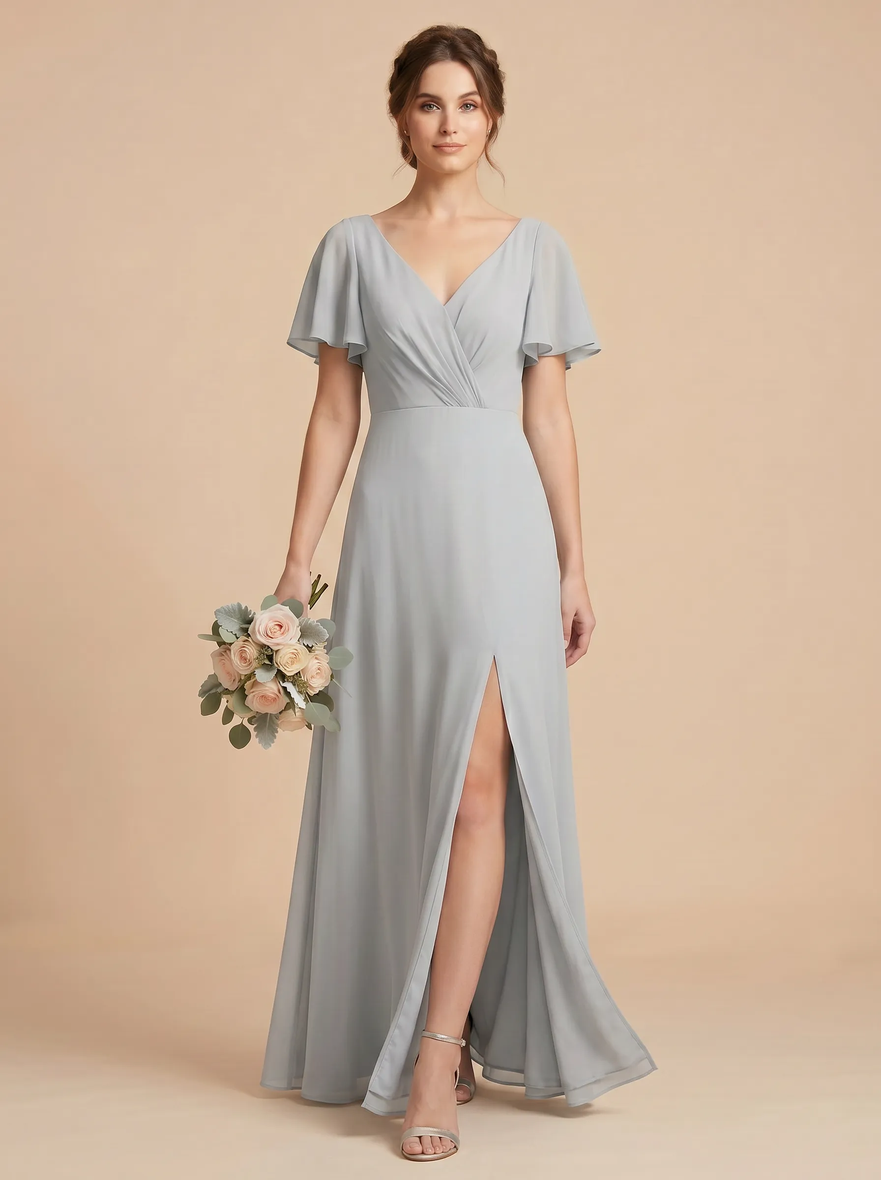 Dusty Blue V-Neck Flutter Sleeve Chiffon Bridesmaid Dress with Slit & Tie-Back