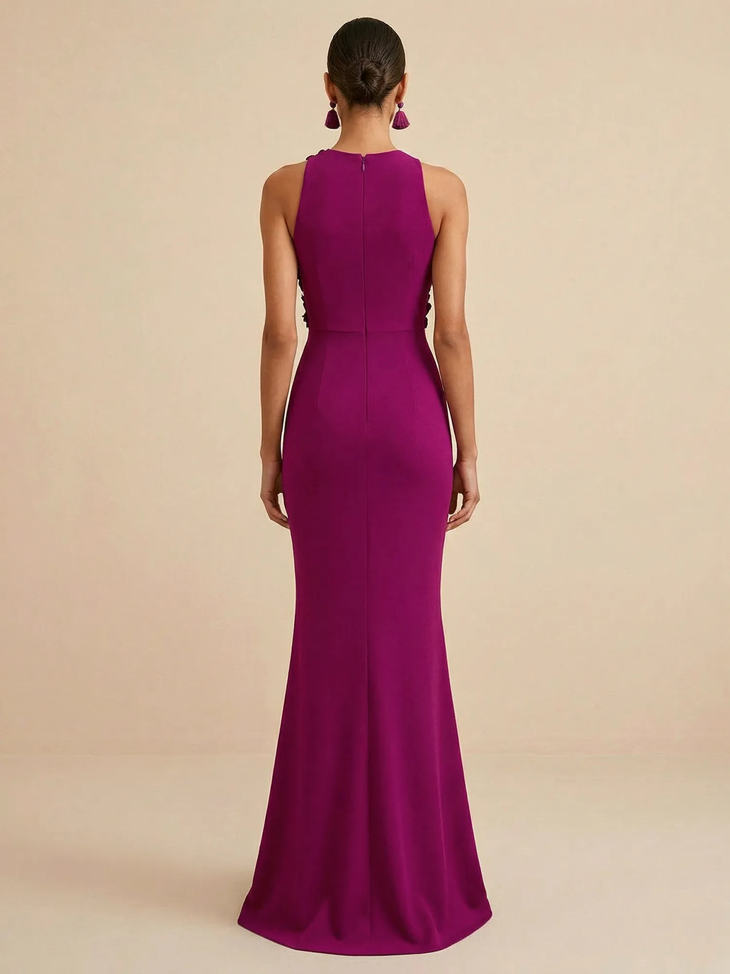 Scoop Neck 3D Floral Appliqué Crepe Mermaid Evening Gown