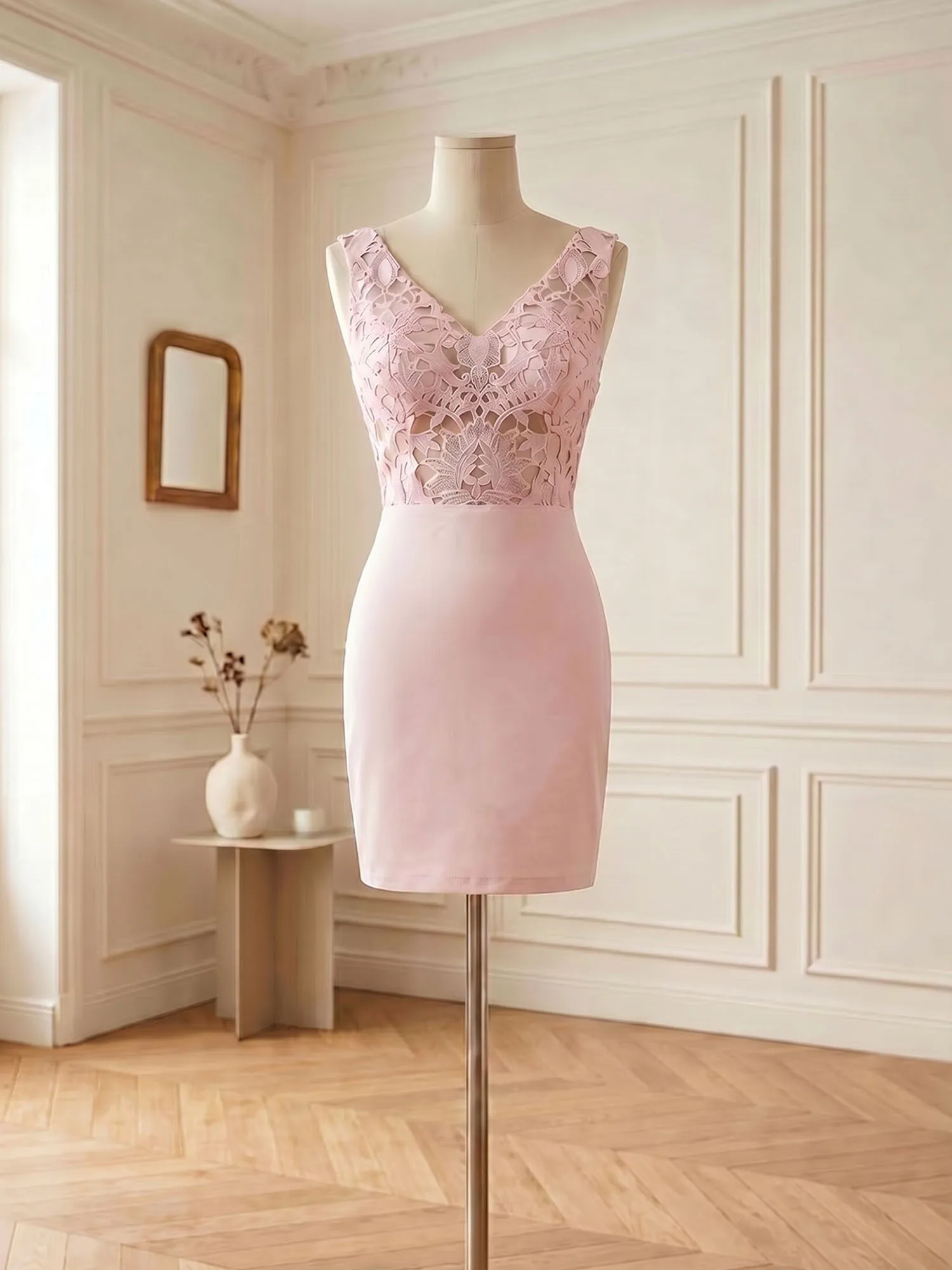 Blush Pink V-Neck Lace & Crepe Homecoming Bodycon Mini Dress