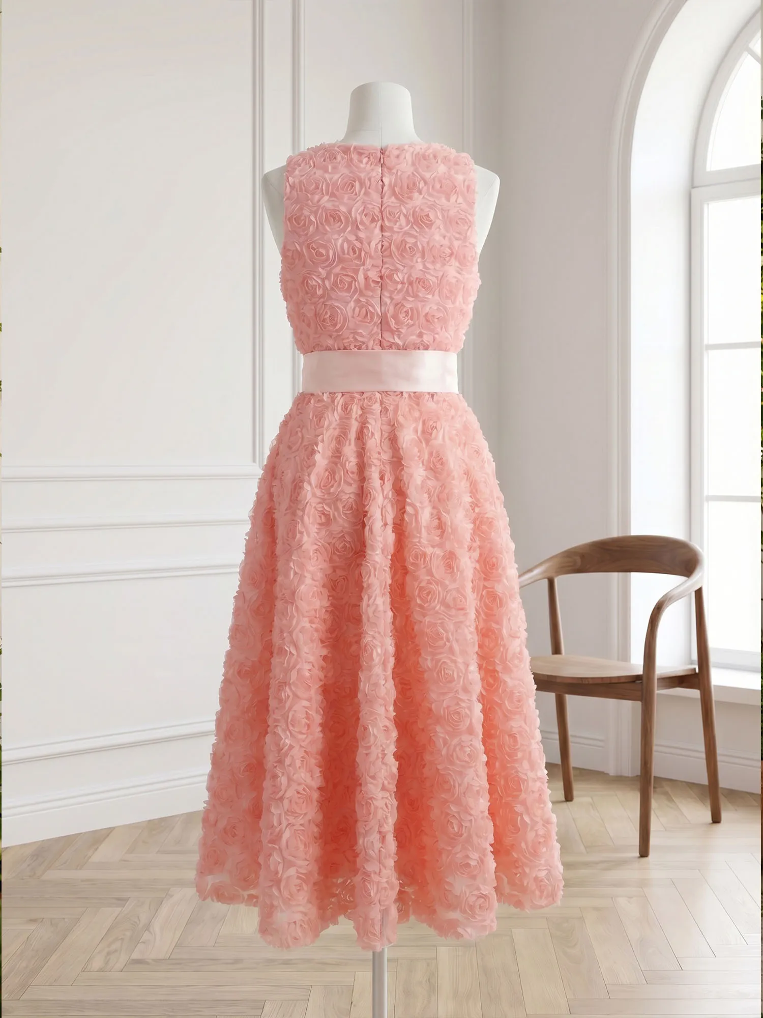 Sleeveless 3D Rose Midi Evening Dress with Satin Bow Sash