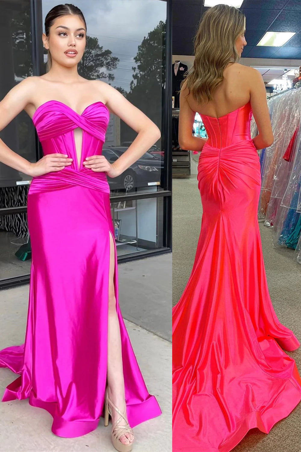 Black Mermaid Strapless Keyhole Satin Long Prom Dress with Slit