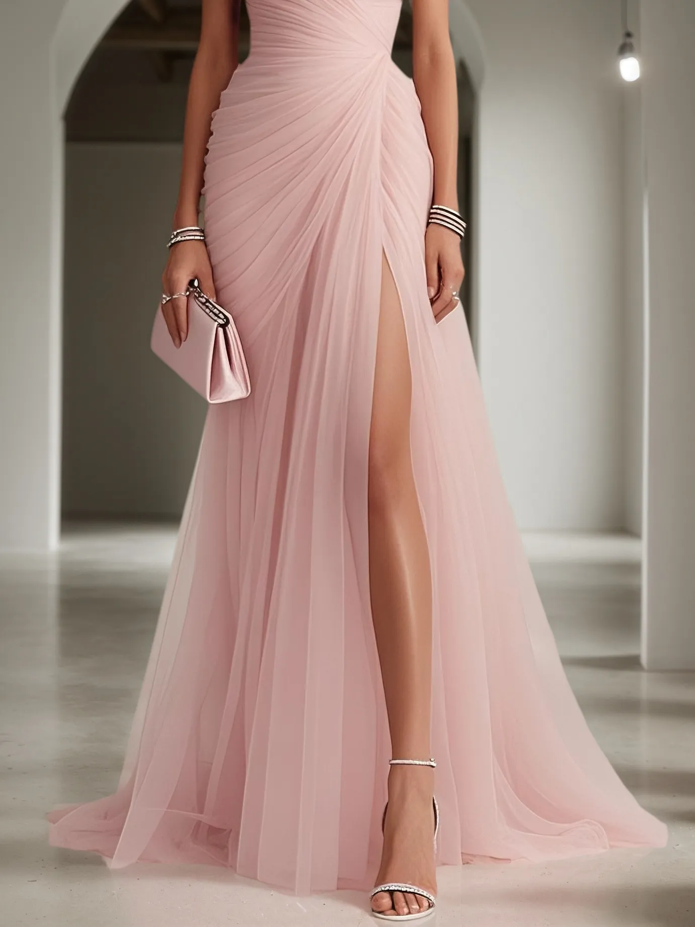 Pink Ruched Slit Tulle Strapless One Shoulder Sheath Gown Dress