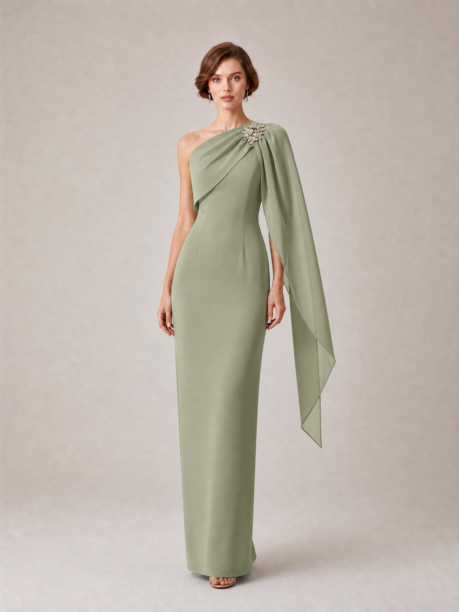 Sophisticated Sage Column Formal Evening Dress with Draped Chiffon Cape Detai