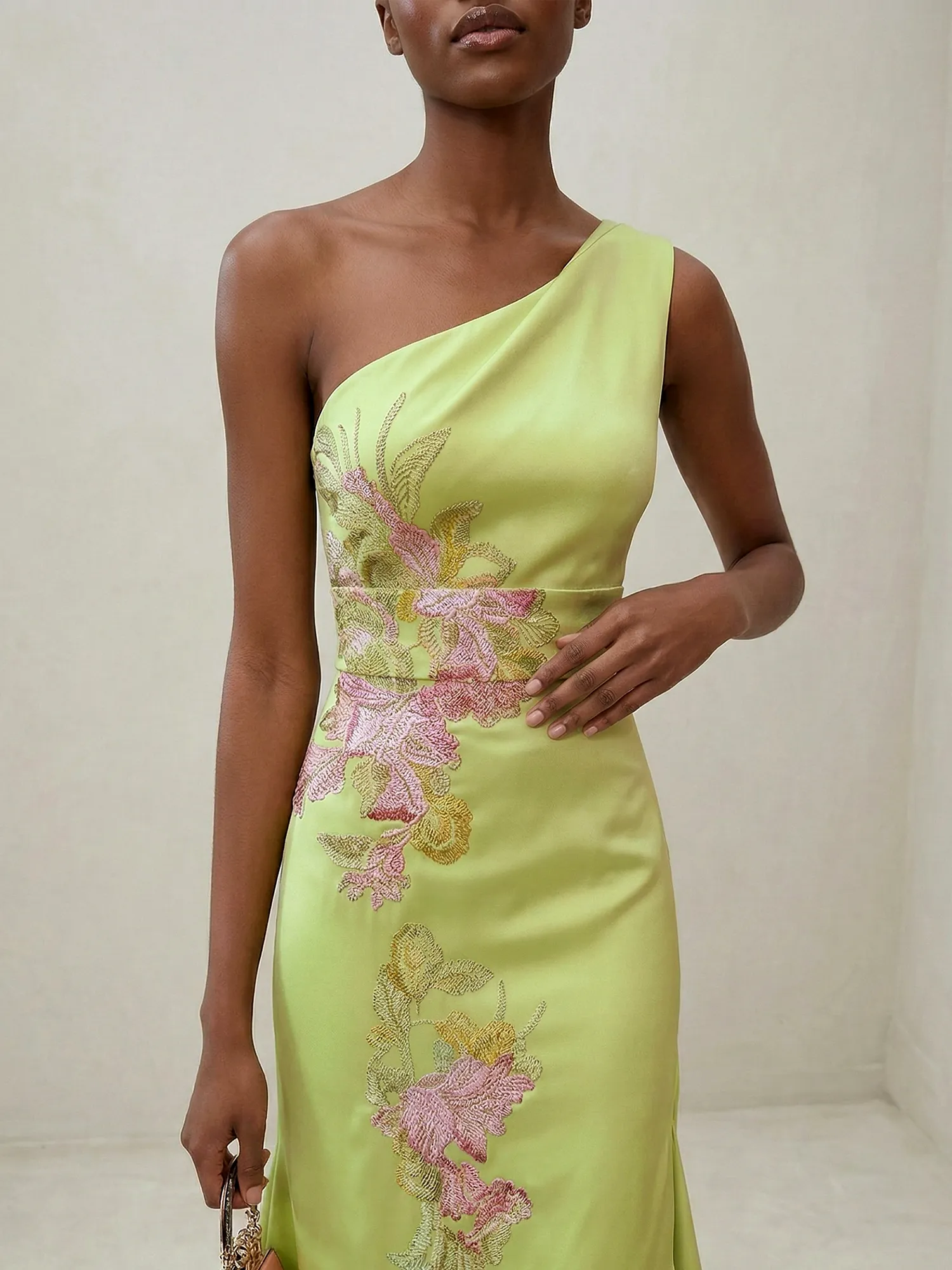 Elegant One Shoulder Cap Sleeve Satin Midi Gown with Floral Embroidery & High Slit