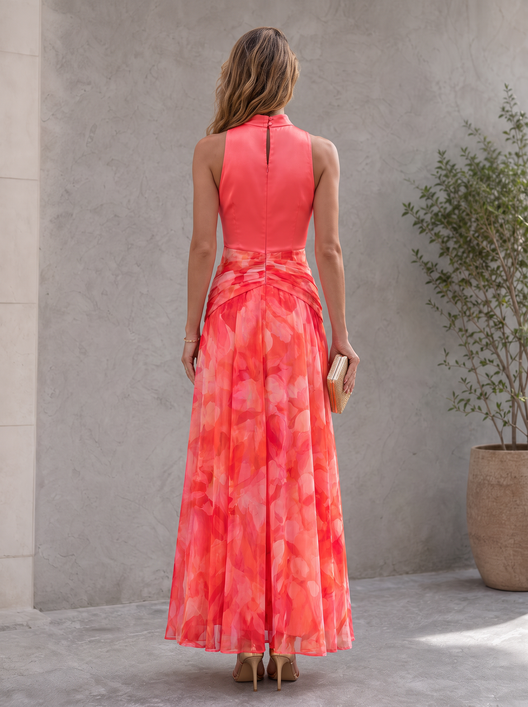 Coral Pink Mock-Neck Watercolor Floral Sleeveless A-Line Maxi Gown Dress