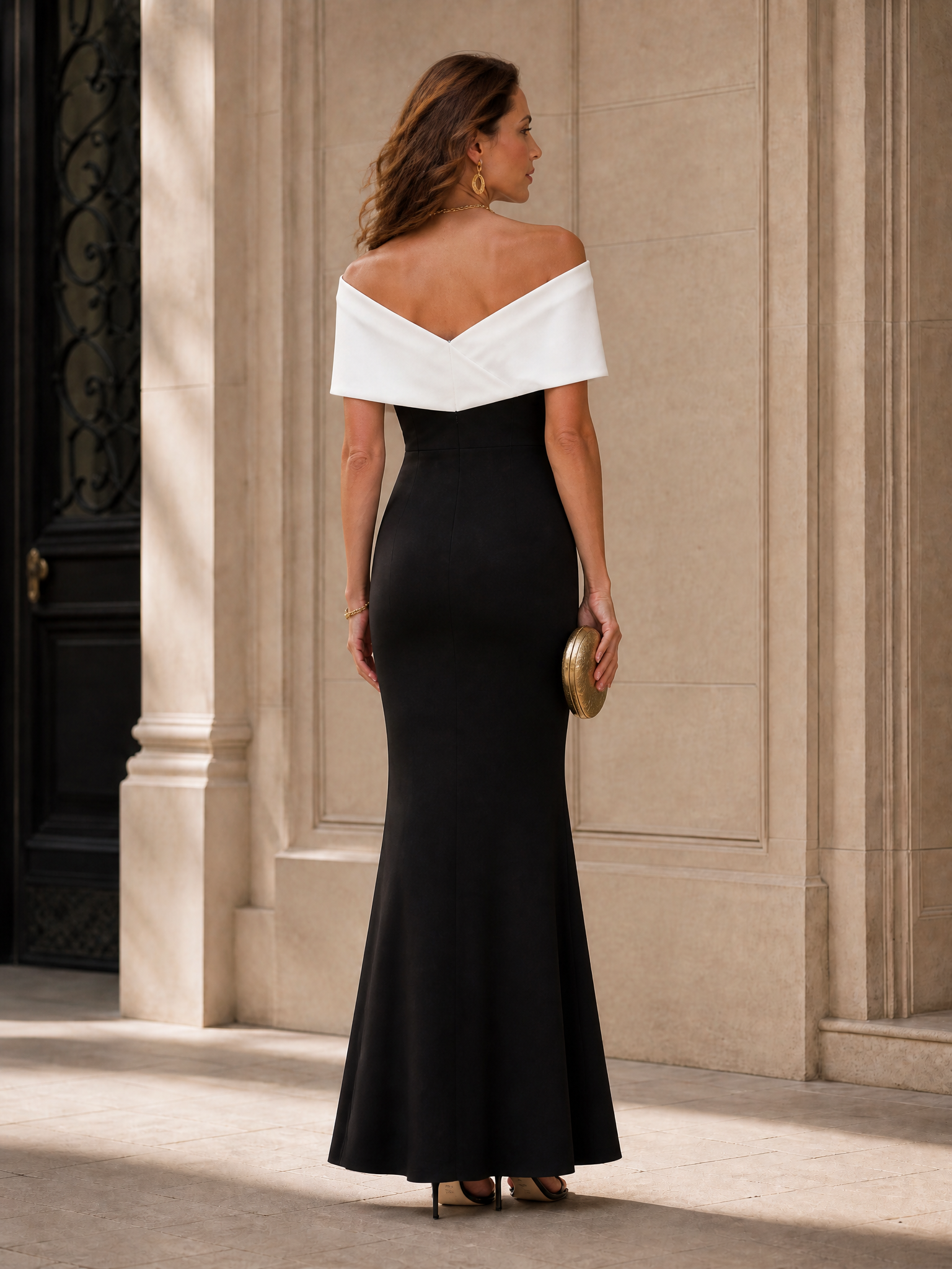 Black-White Folded Off-the-Shoulder Sheath Maxi Gown Dress 