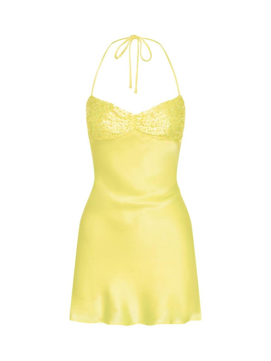 Satin Beaded Cami Homecoming Dress with Lace-Up Back